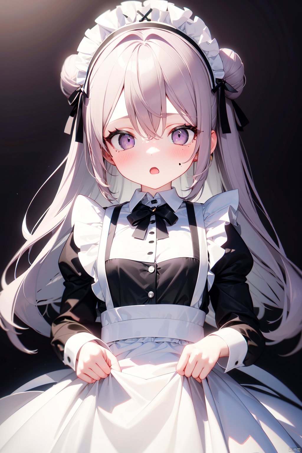 1girl, apron, bangs, breasts, buttons, double_bun, dress, long_hair, long_sleeves, looking_at_viewer, maid, maid_headdress, mole, open_mouth, puffy_sleeves, purple_eyes, solo, white_apron