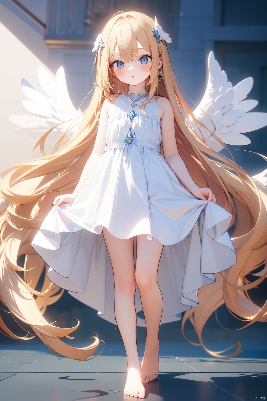 1girl, absurdly_long_hair, angel, angel_wings, barefoot, bird, blonde_hair, dress, feathered_wings, flower, hair_ornament, jewelry, long_hair, looking_at_viewer, solo, very_long_hair, white_dress, wings