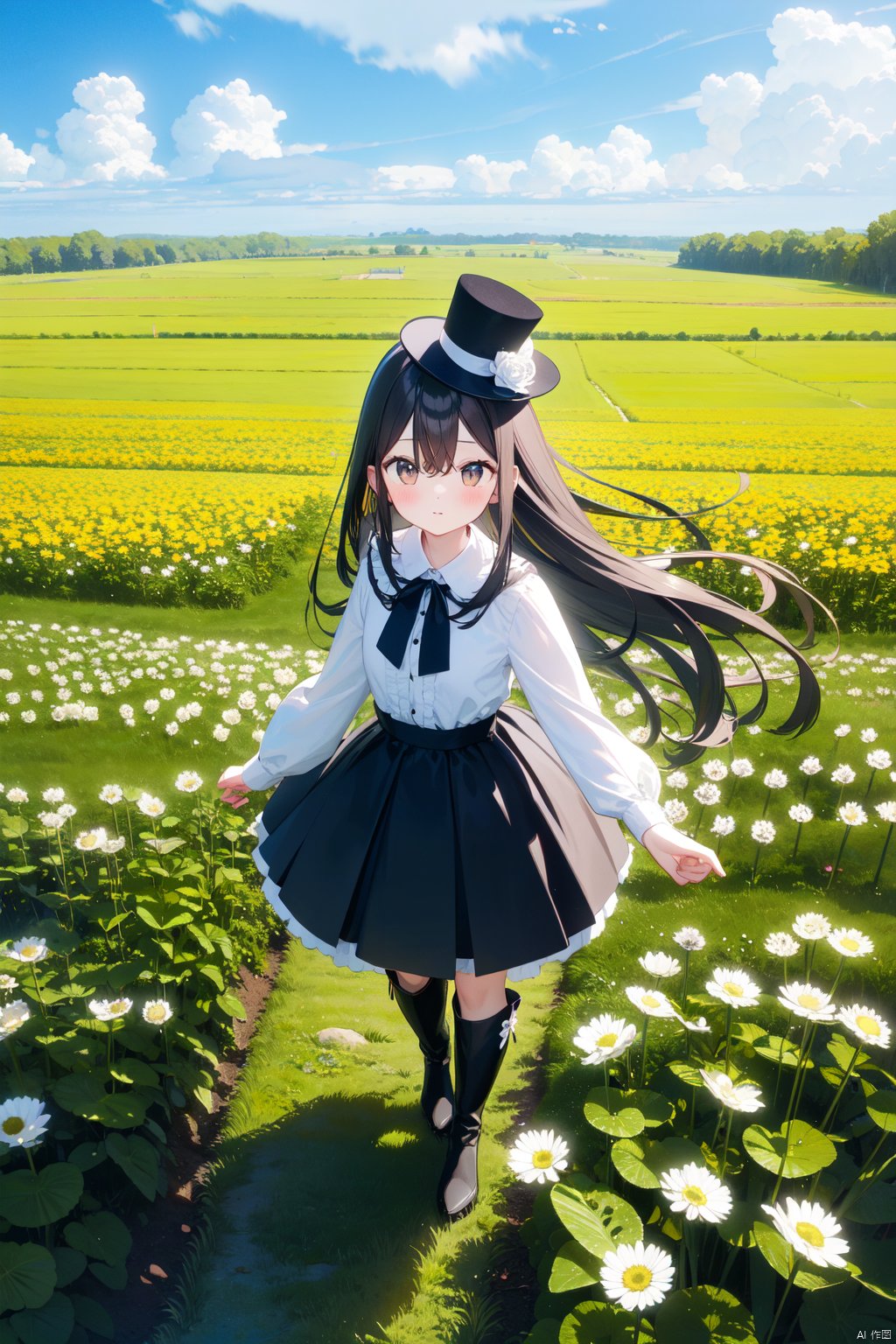 1girl, bangs, bird, black_footwear, black_headwear, blue_flower, blue_sky, blush, boots, bouquet, bow, brown_eyes, brown_hair, cloud, cloudy_sky, daisy, dandelion, day, dove, eyebrows_visible_through_hair, field, flower, flower_field, frills, full_body, hair_between_eyes, hat, holding_flower, knee_boots, leaf, leaves_in_wind, lily_\(flower\), long_hair, long_sleeves, looking_at_viewer, mini_hat, mini_top_hat, petals, shirt, skirt, sky, solo, standing, top_hat, very_long_hair, white_flower, white_rose, white_shirt, yellow_flower,from above