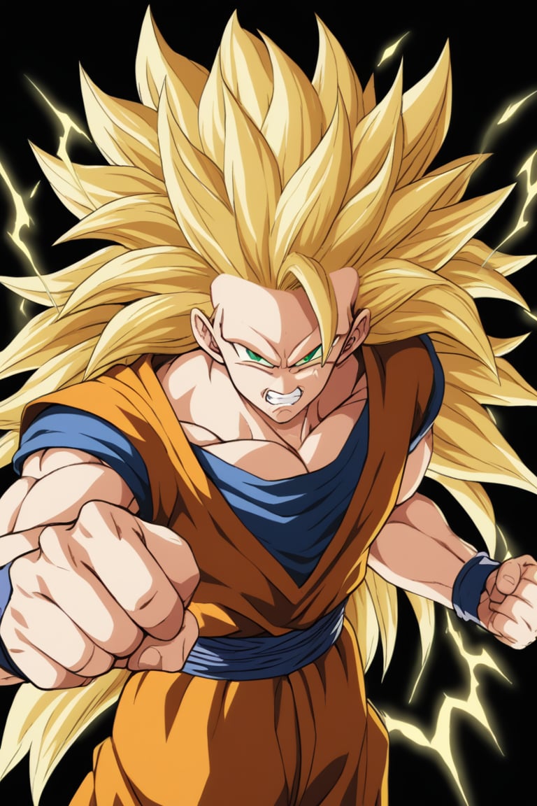 1boy,goku,solo,Goku, super Saiyan 3,green_eyes,black_background,yellow_aura,ki,ki_charge,electricity,angry,clenched_teeth,blonde_hair,long_hair,no_eyebrows,orange dougi,looking_at_viewer,Super Saiyan 3,(masterpiece,highres,best quality),clenched_fist,detailed_face,cowboy_shot,ghibli