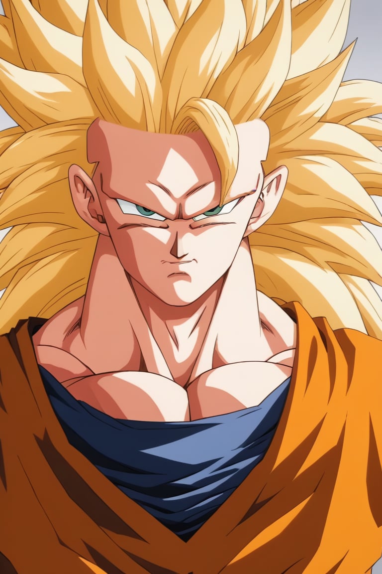 1boy,goku,solo,Goku, super Saiyan 3,blonde_hair,long_hair,no_eyebrows,serious,orange dougi,looking_at_viewer,Super Saiyan 3