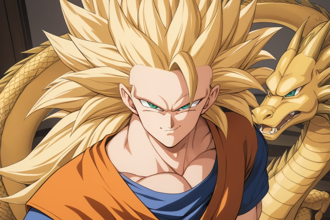 1boy,goku,solo,Goku, super Saiyan 3,green_eyes,golden_dragon in background,blonde_hair,long_hair,no_eyebrows,smirk,,orange dougi,looking_at_viewer,Super Saiyan 3,(masterpiece,highres,best quality:1.3)