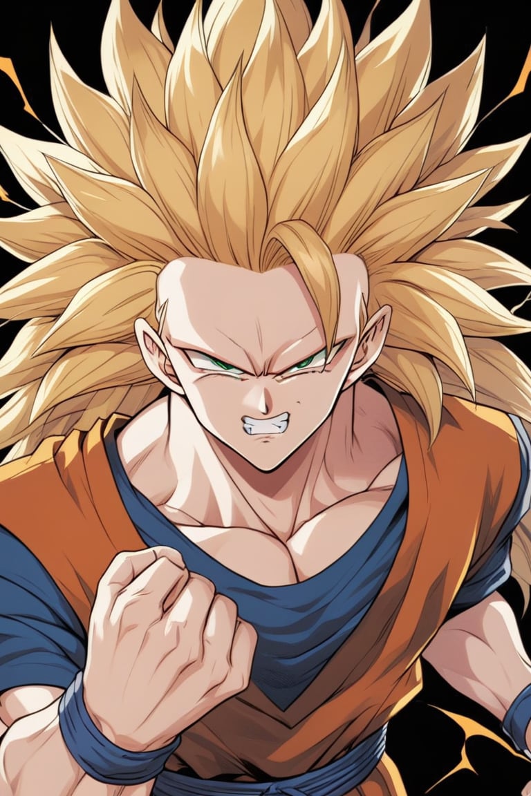 1boy,goku,solo,Goku, super Saiyan 3,green_eyes,black_background,yellow_aura,ki,ki_charge,electricity,angry,clenched_teeth,blonde_hair,long_hair,no_eyebrows,orange dougi,looking_at_viewer,Super Saiyan 3,(masterpiece,highres,best quality),clenched_fist,detailed_face,cowboy_shot,ghibli,manhwa