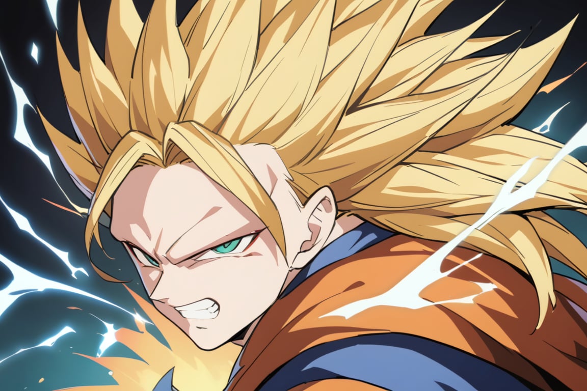 1boy,goku,solo,Goku, super Saiyan 3,green_eyes,black_background,yellow_aura,ki,electricity,angry,clenched_teeth,blonde_hair,long_hair,no_eyebrows,orange dougi,looking_at_viewer,Super Saiyan 3,(masterpiece,highres,best quality:1.3)