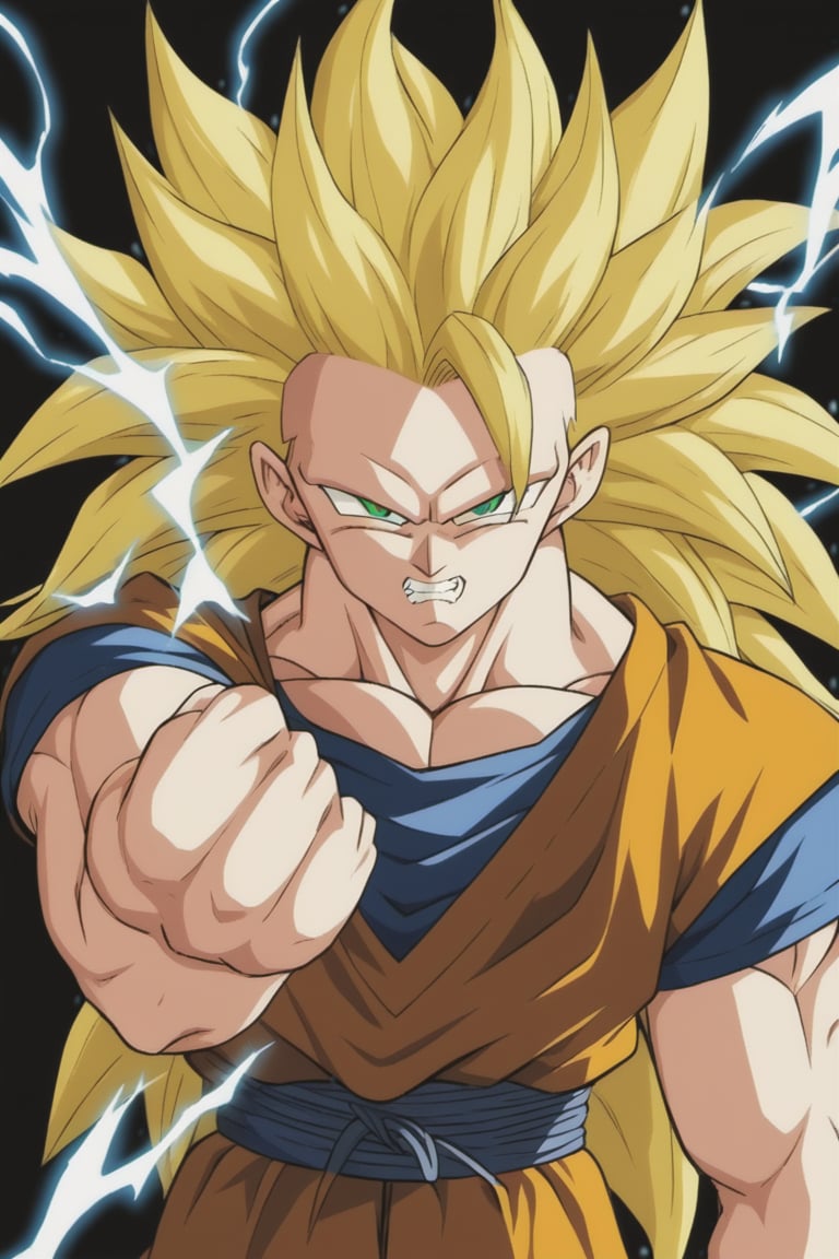 1boy,goku,solo,Goku, super Saiyan 3,green_eyes,black_background,yellow_aura,ki,ki_charge,electricity,angry,clenched_teeth,blonde_hair,long_hair,no_eyebrows,orange dougi,looking_at_viewer,Super Saiyan 3,(masterpiece,highres,best quality),clenched_fist,detailed_face,cowboy_shot,ghibli