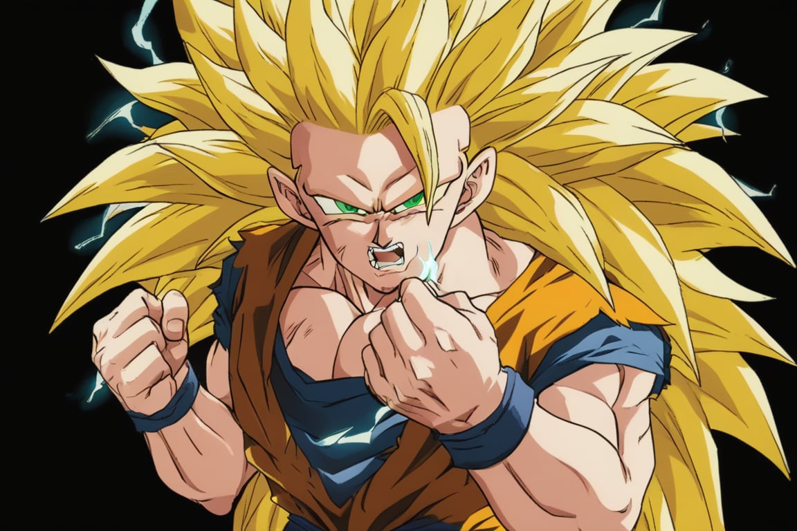 1boy,goku,solo,Goku, super Saiyan 3,green_eyes,black_background,yellow_aura,ki,electricity,angry,clenched_teeth,blonde_hair,long_hair,no_eyebrows,orange dougi,looking_at_viewer,Super Saiyan 3,(masterpiece,highres,best quality:1.3),clenched_fist,detailed_face