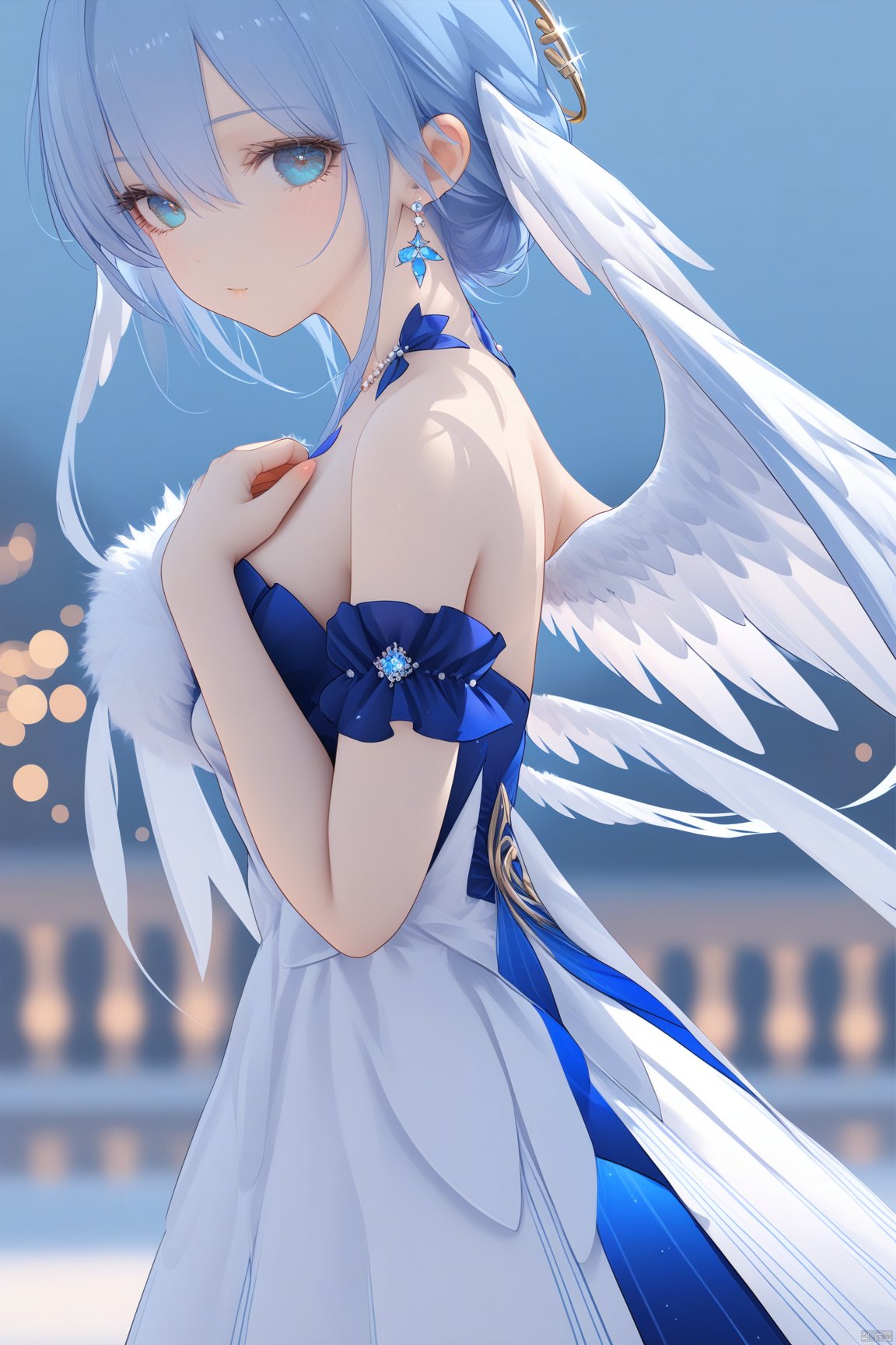  1girl,(masterpiece:1.3),( beautiful:1.2),(high quality:1.2),(finely detailed:1.2),extremely detailed CG unity 8k wallpaper,best quality,a very delicate and beautiful,perfect fingers,(one cute girl at the center:1.2),
robinSR,bangs,blue eyes,dress,bow,hair between eyes,bare shoulders,jewelry,medium breasts,blue hair,earrings,wings,strapless,halo,hair intakes,head wings,strapless dress, robinSR,
 standing,  sidelocks, blurry, from side,  blurry background, 
