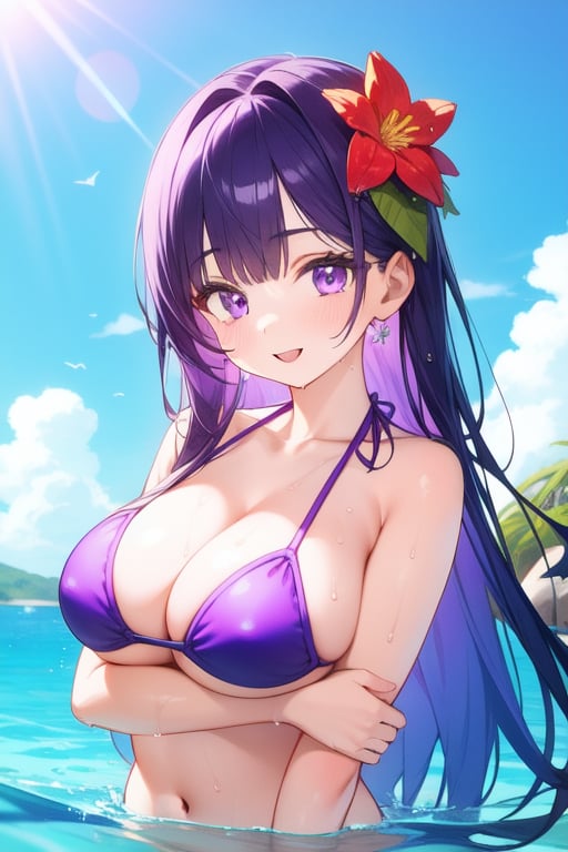 1girl,breasts,swimsuit,solo,bikini,purple eyes,purple hair,long hair,wet,looking at viewer,large breasts,cleavage,hair ornament,navel,purple bikini,collarbone,bangs,water,arm under breasts,upper body,bare shoulders,blush,parted lips,stomach,halterneck,smile,hair flower,string bikini,breast hold,bare arms,very long hair,open mouth,flower,