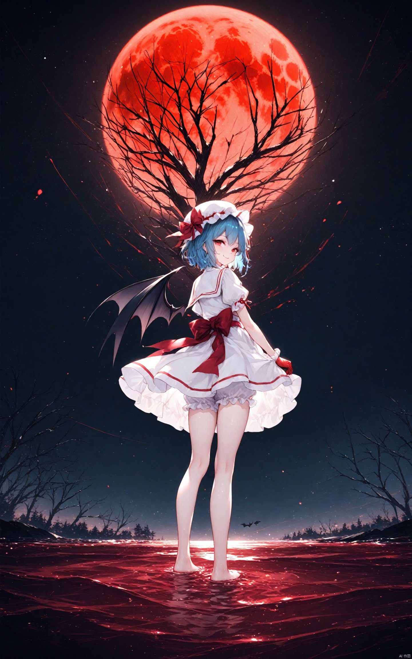  (masterpiece), (best quality), illustration, ultra detailed, hdr, Depth of field, (colorful), 1girl, ke-ta, ascot, bare tree, barefoot, bat wings, best quality, blood, blood on hands, bloomers, blue hair, frills, from behind, full body, full moon, hat, hat ribbon, looking at viewer, looking back, mob cap, moon, night, night sky, outdoors, pool of blood, puffy short sleeves, puffy sleeves, red eyes, red moon, red ribbon, remilia scarlet, ribbon, sash, shirt, short hair, short sleeves, skirt, skirt set, sky, smile, solo, standing, standing on liquid, star (sky), starry sky, tree, underwear, water, white bloomers, white skirt, wings