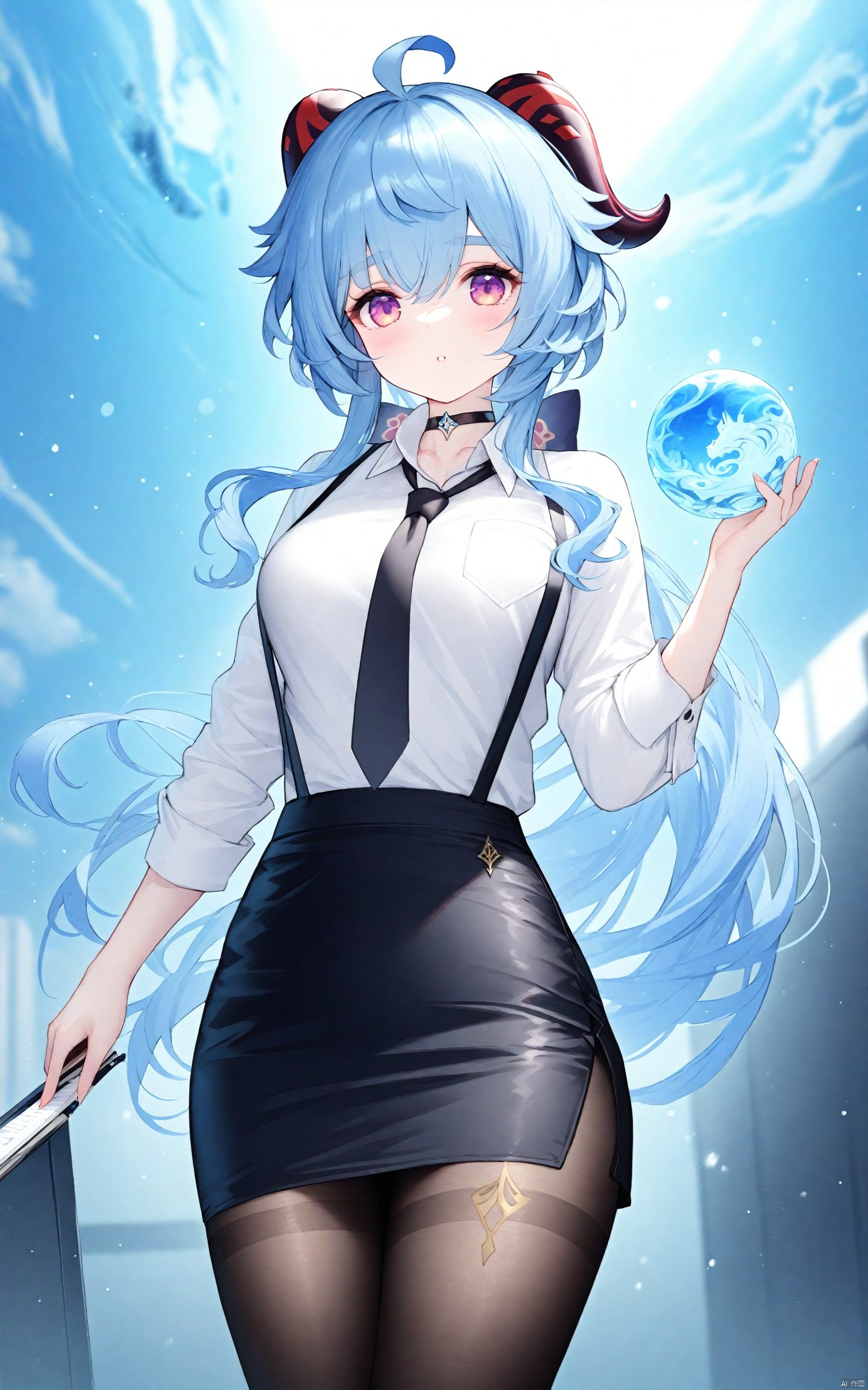  (masterpiece), (best quality), illustration, ultra detailed, hdr, Depth of field, (colorful),Leviathan, ganyu (genshin impact), 1girl, solo, long hair, pantyhose, blue hair, horns, skirt, breasts, looking at viewer, shirt, ahoge, goat horns, necktie, office lady, black necktie, white shirt, pencil skirt, bangs, black skirt, holding, brown pantyhose, purple eyes, alternate costume, black pantyhose, choker, collared shirt, suspenders, sidelocks, cowboy shot, blurry