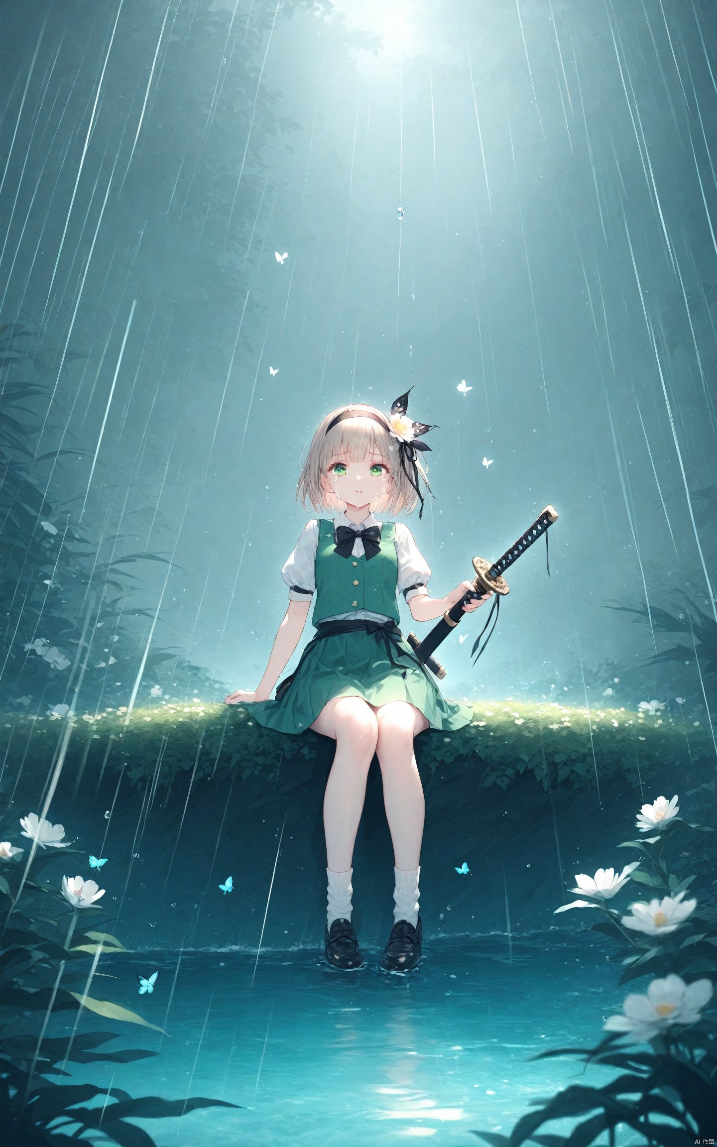  (masterpiece), (best quality), illustration, ultra detailed, hdr, Depth of field, (colorful),Miv4t, 1girl, weapon, solo, sword, konpaku_youmu, katana, hairband, green_skirt, short_hair, skirt, butterfly, rain, shirt, bug, ribbon, flower, short_sleeves, crying, green_vest, hair_ornament, white_shirt, vest, tears, torn_clothes, bangs, black_hairband, sheath, holding, bow, socks, hair_ribbon, green_eyes, shoes, puffy_sleeves, collared_shirt, skirt_set, black_ribbon, sitting, hair_flower, planted, crying_with_eyes_open, water, bowtie, parted_lips