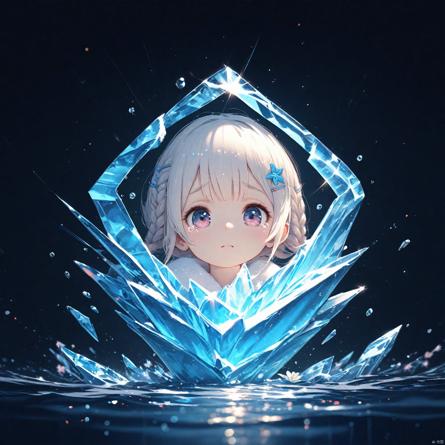 (masterpiece), (best quality), illustration, ultra detailed, hdr, Depth of field, (colorful), loli, wlop,1 girl,loli,White Dress,White short hair,braids,lily flower hair clip,upper body,cry,water,black background,Ice crystal,dappled sunlight,Suspended colorless crystal,beautiful detailed glow, (detailed ice), beautiful detailed water,