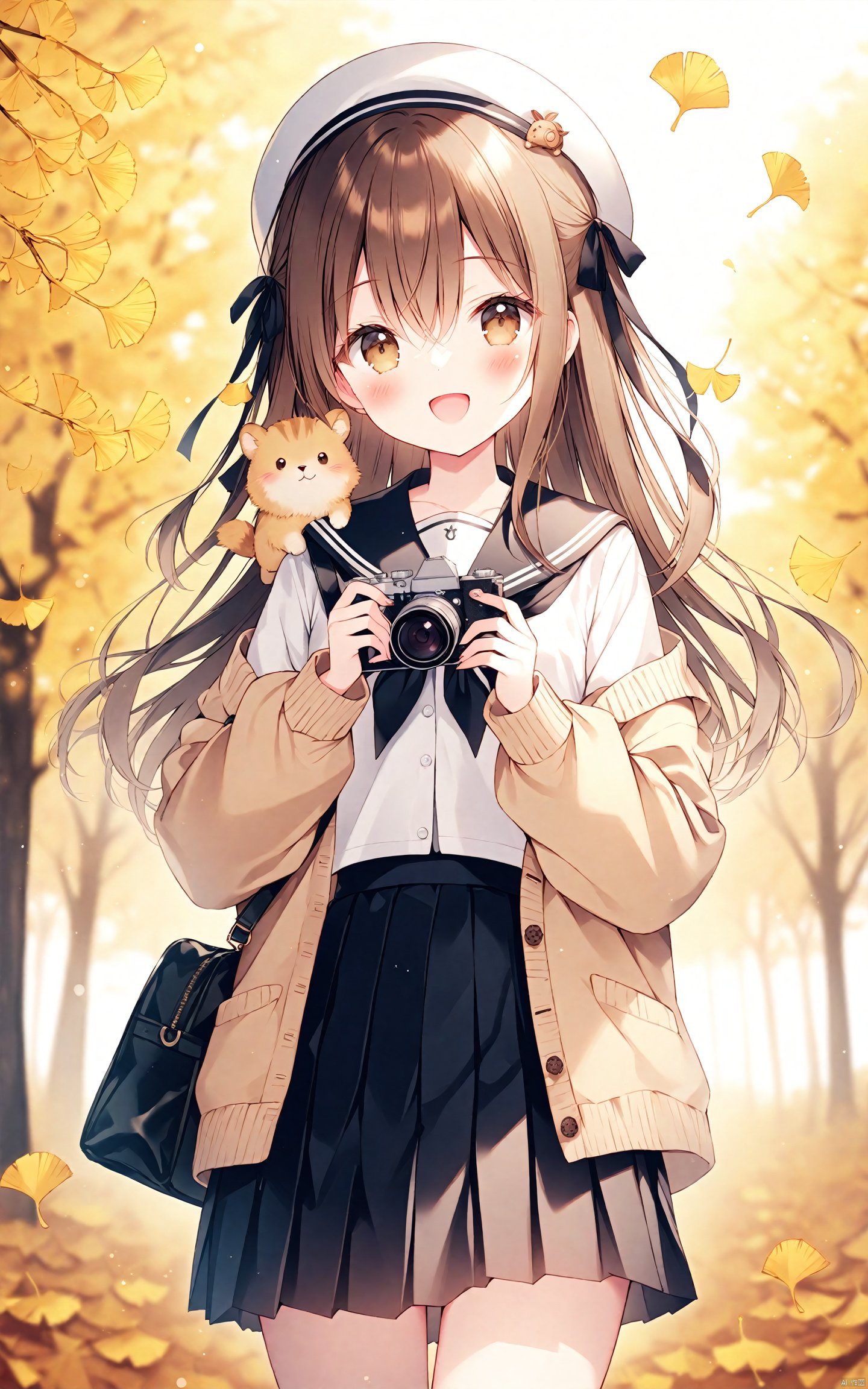  (masterpiece), (best quality), illustration, ultra detailed, hdr, Depth of field, (colorful),weri, 1girl, skirt, holding, smile, long hair, solo, bangs, hat, brown eyes, pleated skirt, camera, holding camera, long sleeves, school uniform, :d, black skirt, sailor collar, looking at viewer, serafuku, squirrel, blush, open mouth, bag, animal, beret, leaf, open clothes, shirt, autumn leaves, blurry, white shirt, brown hair, animal on shoulder, white headwear, ribbon, black bow, hair ribbon, black ribbon, blurry background, hair between eyes, bow, outdoors, cardigan, ginkgo leaf, autumn, puffy long sleeves, off shoulder, black sailor collar, cowboy shot, depth of field, open cardigan, standing, shoulder bag