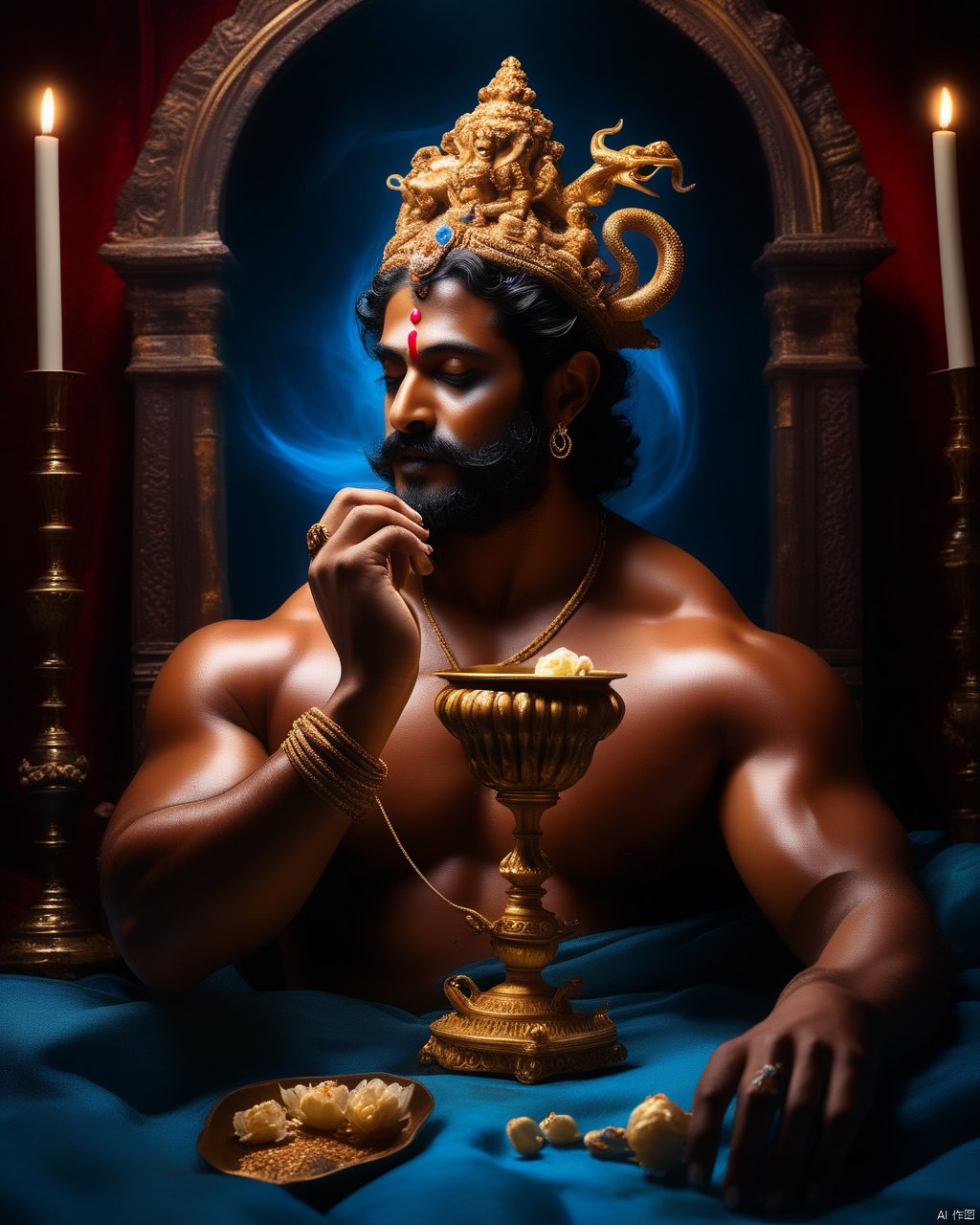  Dark MoodyAtmosphere,(KnollingPhotography:0.8),(Vishnu(毗湿奴) In Vaikuntha Vishnu the preserver reclines on the serpent Shesha With blue skin four arms holding a conch discus mace and lotus he preserves cosmic order His divine attire is resplendent with jewels:0.9),(muscular male:1.1),,,(backlighting:1.1),cinematic lighting,masterpiece,8k,super detail,Surrealism,award winning,anatomically correct,UHD,retina,masterpiece,ccurate,anatomically correct,super detail,award winning,best quality,high quality,(glass shiny (textured skin):0.2),high details,(back:0.5),realistic style,light and shadow,(photography:1.6),(realistic style:1.7),(burly:0.4),(reality:1.4),,,,(panoramic photo:0.9),(magic:1.8),(fantasy:0.5),(muscular:1.4),(well defined:1.2),warm color,easy,,,(clothing:1.6),dress appropriately,(wear accessories:1.5),(from_side:0.1),flat lay photography,object arrangment,knolling photography,, dramatic, mysterious, dark moody atmosphere
