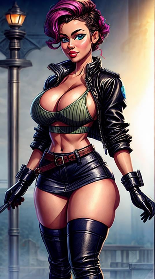 solo, large breasts, voluptuous, gloves, navel, jacket, crop top, boots, midriff, skirt, specular highlights, detailed face, detailed eyes, upper body, portrait <lora:PinArtDrawing:1>