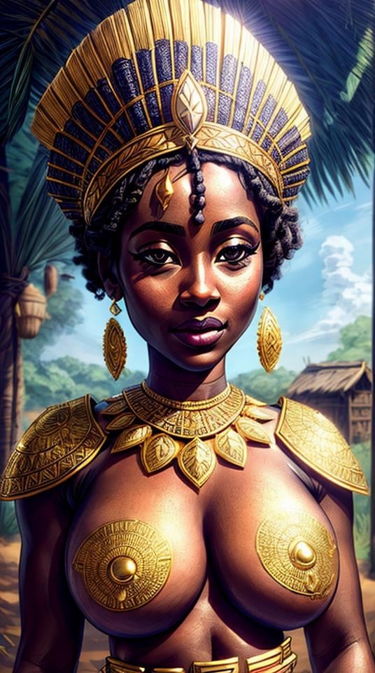 18 years old (random), queen of africa, african traditional dress, beautifull little gold crown, raw image, best quality, atmospheric scene, closeup sydeboob, (detailed beautiful face, detail skin texture, ultra-detailed body:1.1),diffuse lighting, natural soft colors, hyperrealistic, (rutkowski) <lora:PinArtDrawing:1>