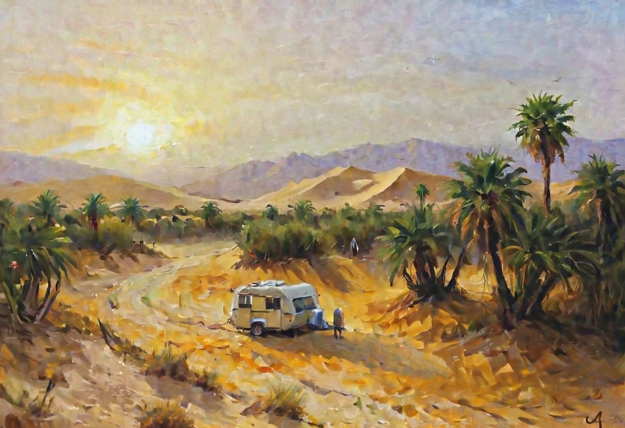 Design a stunning scene where a desert oasis emerges amidst vast expanses of sand dunes, offering refuge from the unforgiving elements. Palm trees sway gently in the wind, providing shade under the relentless sun. Bask in the shimmering heat reflecting off everything around, creating a sense of isolation already present. Follow a camel caravan navigating rough terrain, embodying a nomadic lifestyle in action. Experience solitude firsthand, learning survival skills necessary for existence here. Ultimately, paint a picture that inspires strength through vulnerability, highlighting human spirit in its purest form.