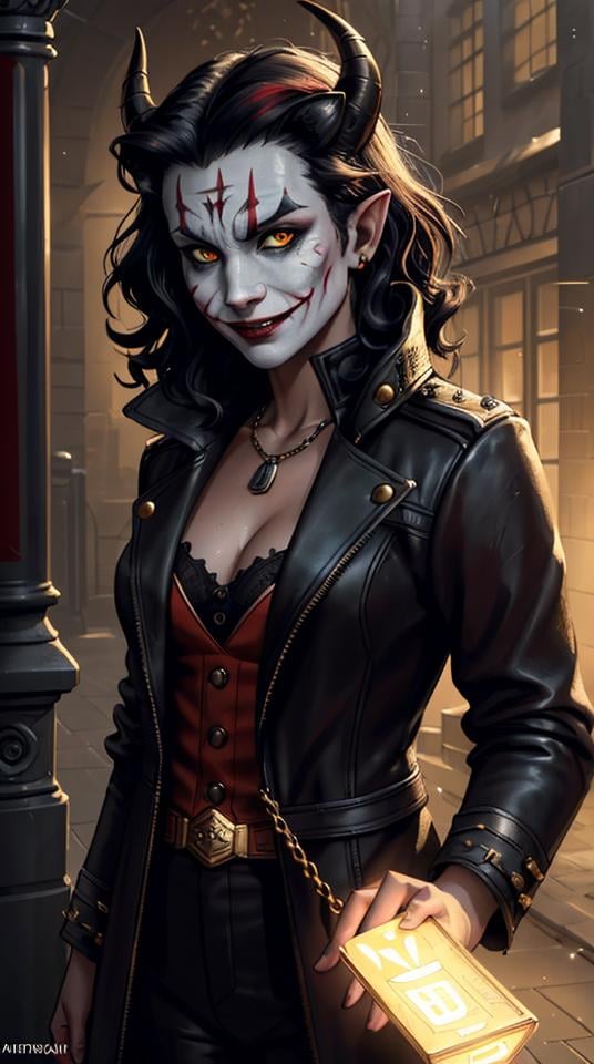 ((Closeup face focus)), (Cinematic photo: 1. 3), A Tiefling with long thin twisted horns, dark red skin, curly black hair, an evil smile, glowing yellow eyes, lion fangs in the role of a Joker\(Joker 2019\), stands in a leather coat with metal chains, brass buttons against the background of a medieval city's night street, ((Portreitshoot)) directional look, cinematic composition, (intricately detailed, fine details, hyperdetailed), ultra-detailed, (backlight:1. 2) intricate, style-empire, (lens flare:0.7), particle effects, raytracing, cinematic lighting, shallow depth of field, photographed on a Sony Alpha 1, 50mm wide angle lens, sharp focus, cinematic film still, absurdity, 8k quality, diffuse lighting, highres, (dark shot:1.17), epic realistic, faded, ((neutral colors)), art, (hdr:1.5), (muted colors:1.2), hyperdetailed, (artstation:1.5), cinematic, (rutkowski), warm lights, dramatic light, (intricate details: 0.8)