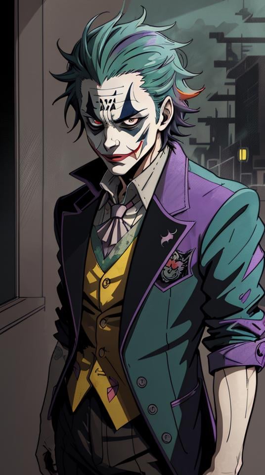 ((Vector)), ((Anime style)), A Joker\(Joker 2019\) ,epic, realistic, faded, neutral colors, ((((hdr)))), ((((muted colors)))), intricate scene, artstation, hyperdetailed, cinematic shot, warm lights, dramatic light, intricate details, vignette, complex background, [[teal and orange]], slate gray atmosphere, hyperdetailed, (closeup:0.9), ((Vector)), ((Anime style)),