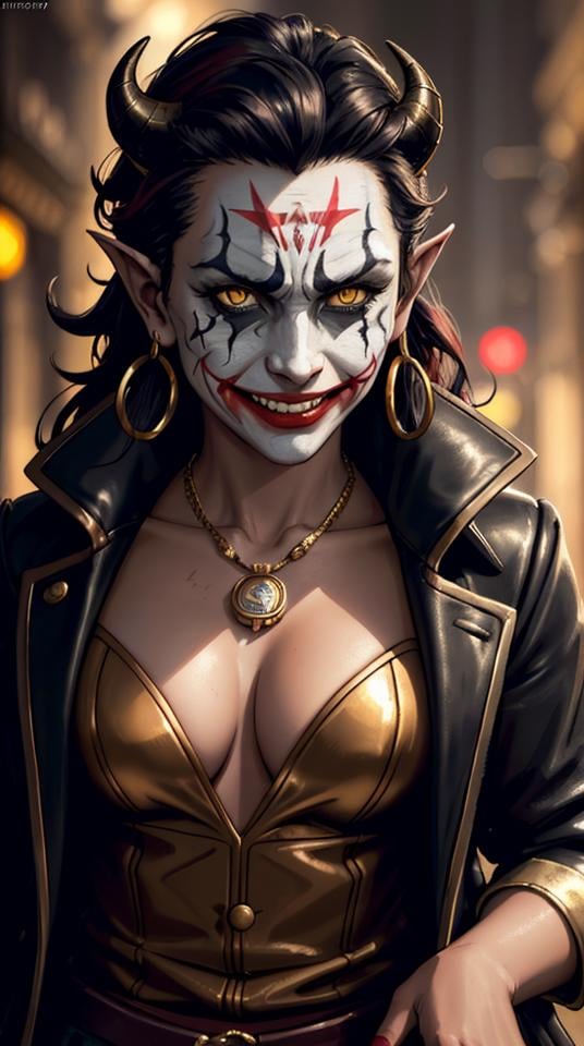 ((Closeup face focus)), (Cinematic photo: 1. 3), A Tiefling with long thin twisted horns, dark red skin, curly black hair, an evil smile, glowing yellow eyes, lion fangs in the role of a Joker\(Joker 2019\), stands in a leather coat with metal chains, brass buttons against the background of a medieval city's night street, ((Portreitshoot)) directional look, cinematic composition, (intricately detailed, fine details, hyperdetailed), ultra-detailed, (backlight:1. 2) intricate, style-empire, (lens flare:0.7), particle effects, raytracing, cinematic lighting, shallow depth of field, photographed on a Sony Alpha 1, 50mm wide angle lens, sharp focus, cinematic film still, absurdity, 8k quality, diffuse lighting, highres, (dark shot:1.17), epic realistic, faded, ((neutral colors)), art, (hdr:1.5), (muted colors:1.2), hyperdetailed, (artstation:1.5), cinematic, (rutkowski), warm lights, dramatic light, (intricate details: 0.8)