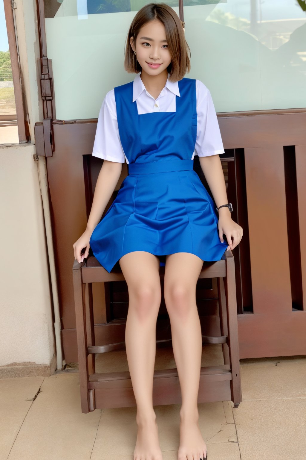 1girl, solo, Thailand model, short hair, flirtatious, realistic, sitting, school uniform, School. full body view. 