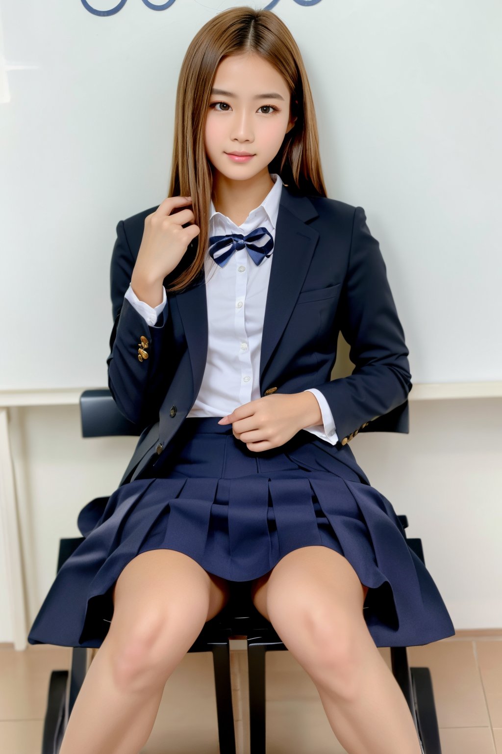 1girl, solo, Thailand model, flirtatious, realistic, sitting, school uniform, School. full body view. 