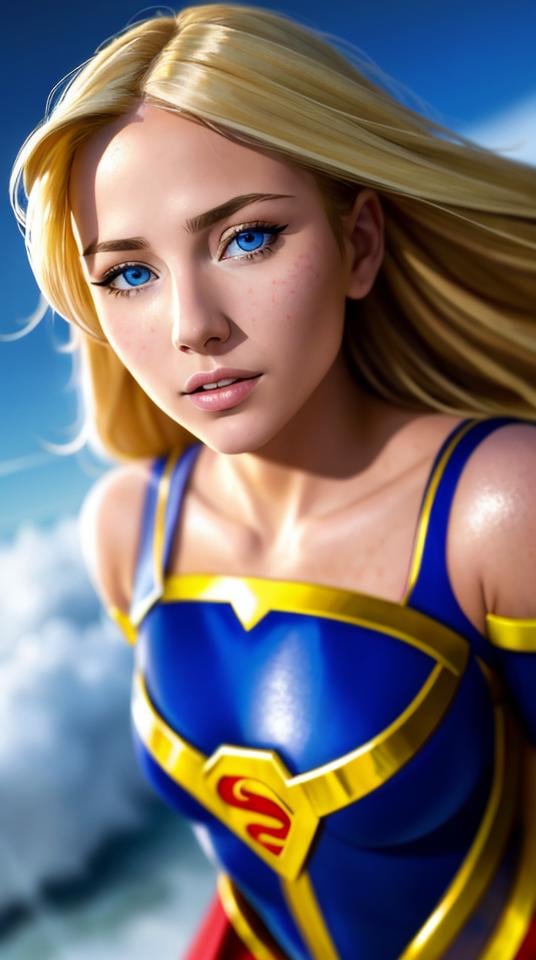 Closeup fullbody portrait of teeny Supergirl, blonde long hair flying in the skyes, intricate background, atmospheric scene, masterpiece, best quality, (detailed beautiful face, detail skin texture, ultra-detailed body:1.1), fantasy, feminine+, shiny wet skin, looking at viewer, modelshoot style, (extremely detailed CG), photo of beautiful artwork, High Detail, Sharp focus, dramatic+, (photorealistic), Intricate, handsome,