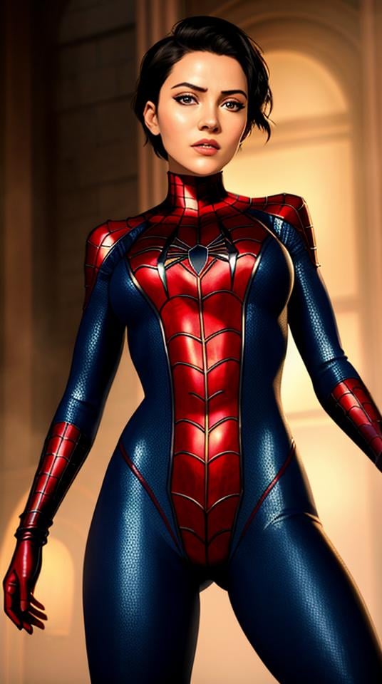 Closeup fullbody portrait of teeny female Spiderman, gnger short hair, city, intricate background, atmospheric scene, masterpiece, best quality, (detailed beautiful face, detail skin texture, ultra-detailed body:1.1), fantasy, feminine+, shiny wet skin, looking at viewer, modelshoot style, (extremely detailed CG), photo of beautiful artwork, High Detail, Sharp focus, dramatic+, (photorealistic), Intricate, handsome,