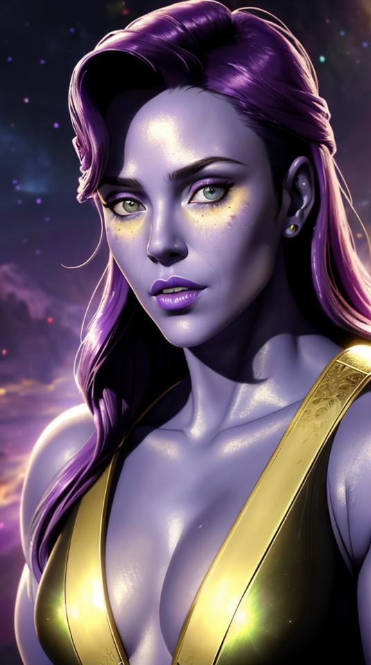 Closeup fullbody portrait of female Thanos, Space background, atmospheric scene, masterpiece, best quality, (detailed beautiful face, detail skin texture, ultra-detailed body:1.1), fantasy, feminine+, shiny wet skin, looking at viewer, modelshoot style, (extremely detailed CG), photo of beautiful artwork, High Detail, Sharp focus, dramatic+, (photorealistic), Intricate, handsome,