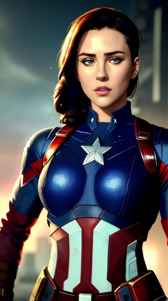 Closeup fullbody portrait of female Captain America, Ciberpunk background, atmospheric scene, masterpiece, best quality, (detailed beautiful face, detail skin texture, ultra-detailed body:1.1), fantasy, feminine+, shiny wet skin, looking at viewer, modelshoot style, (extremely detailed CG), photo of beautiful artwork, High Detail, Sharp focus, dramatic+, (photorealistic), Intricate, handsome,