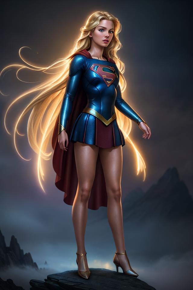 Long exposure photo of Closeup fullbody portrait of teeny Supergirl, blonde long hair flying in the skyes, intricate background, atmospheric scene, masterpiece, best quality, (detailed beautiful face, detail skin texture, ultra-detailed body:1.1), fantasy, feminine+, shiny wet skin, looking at viewer, modelshoot style, (extremely detailed CG), photo of beautiful artwork, High Detail, Sharp focus, dramatic+, (photorealistic), Intricate, handsome, . Blurred motion, streaks of light, surreal, dreamy, ghosting effect, highly detailed