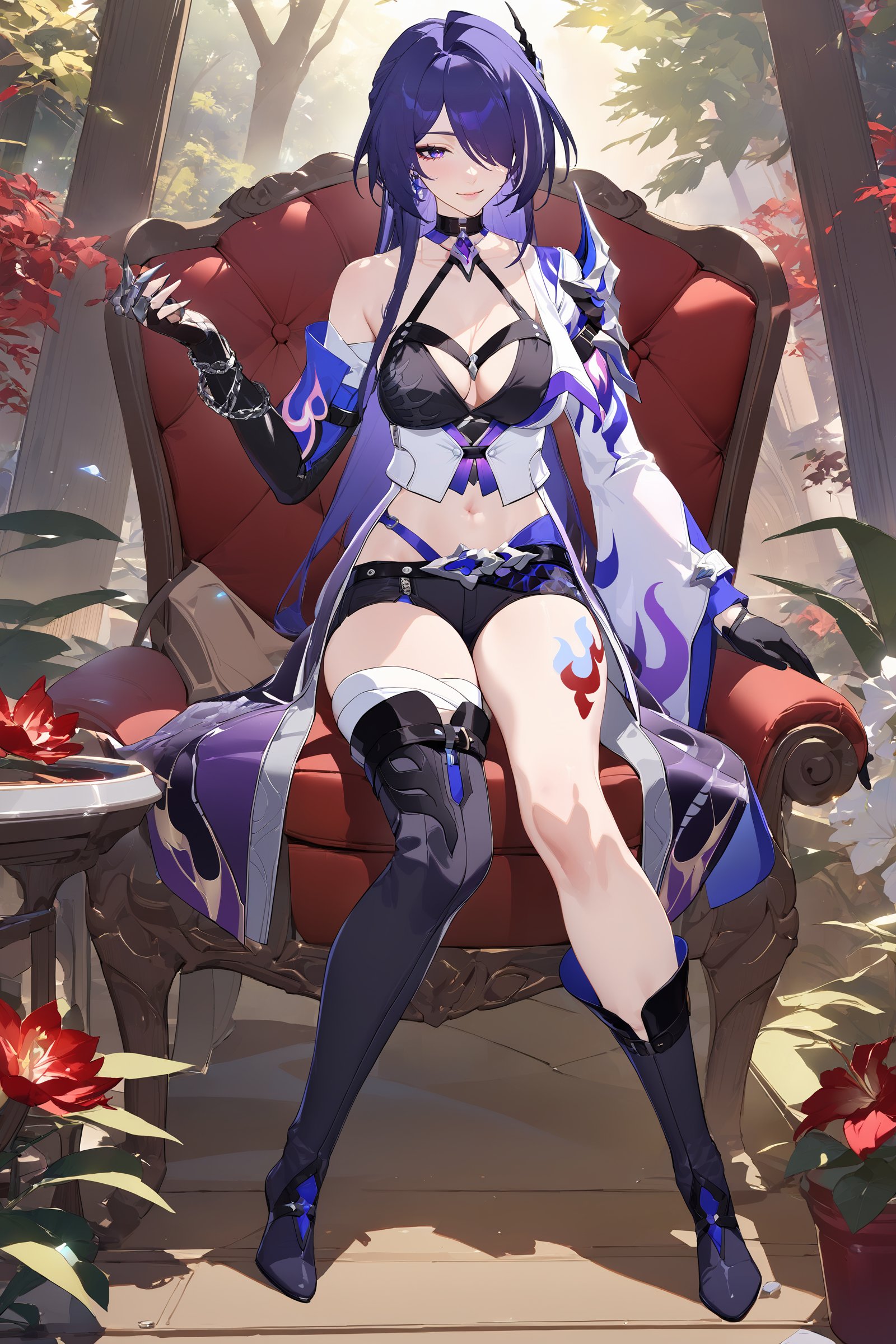 masterpiece, best quality, perfect features, intricate details, ray tracing, newest,(hitenkei, askzy:0.4), 1girl, acheron \(honkai: star rail\), solo, long hair, short shorts, leg tattoo, single knee boot, single thigh boot, midriff, black gloves, hair ornament, choker, long coat, single sleeve, single gauntlet, uneven legwear, light smile, garden, outdoors, depth of field, full body, sitting, chair, flower, tree <lora:Char-HonkaiSR-Acheron-XL-V1:0.9>  <lora:quality1:0:hr=1>