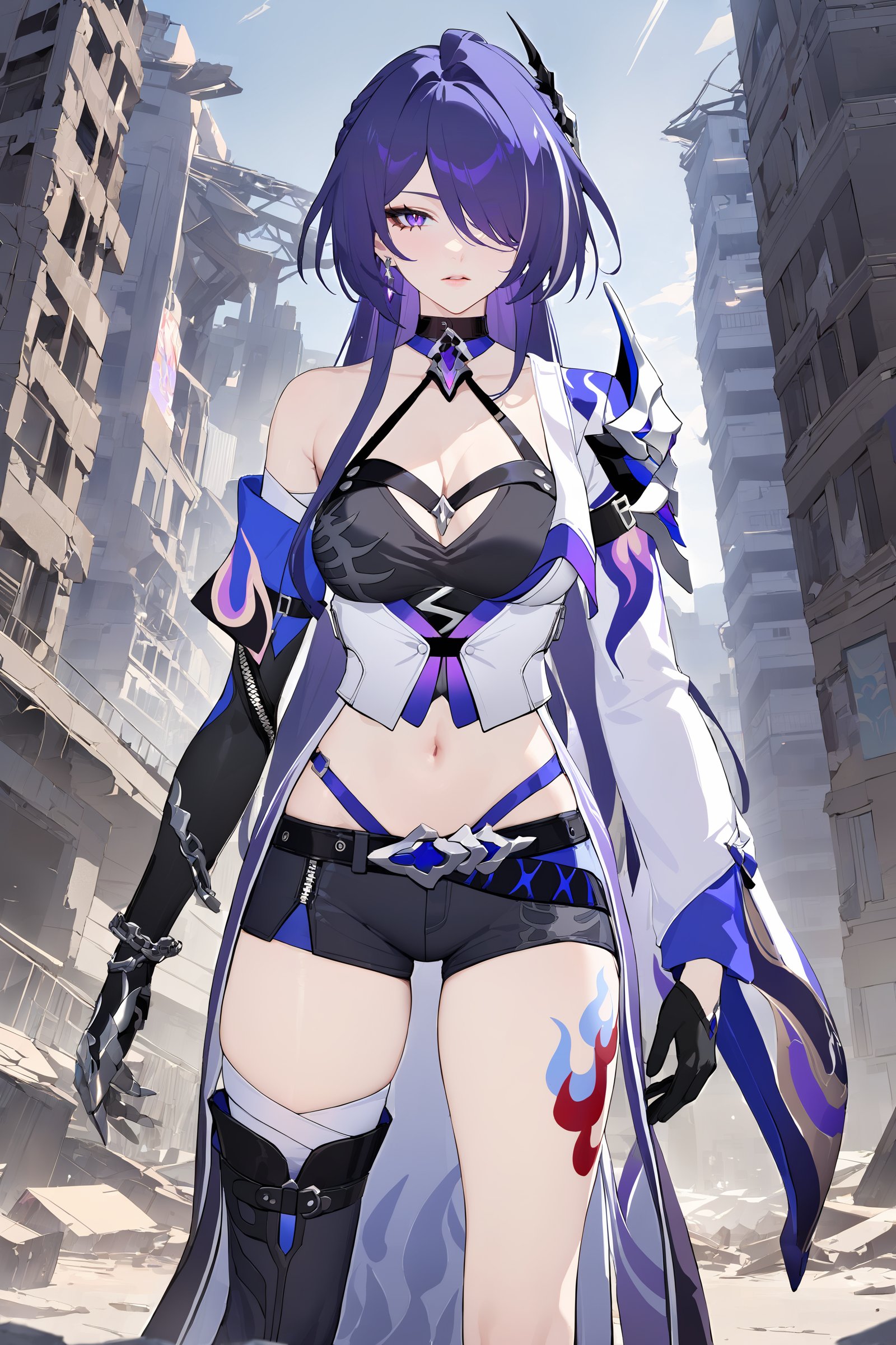 masterpiece, best quality, perfect features, intricate details, ray tracing, newest,(hitenkei, askzy:0.4), 1girl, acheron \(honkai: star rail\), solo, long hair, short shorts, leg tattoo, single thigh boot, standing, midriff, black gloves, hair ornament, choker, long coat, single sleeve, single gauntlet, uneven legwear, looking at viewer, city ruins, outdoors, depth of field, cowboy shot, looking at viewer <lora:Char-HonkaiSR-Acheron-XL-V1:0.9>  <lora:quality1:0:hr=1>