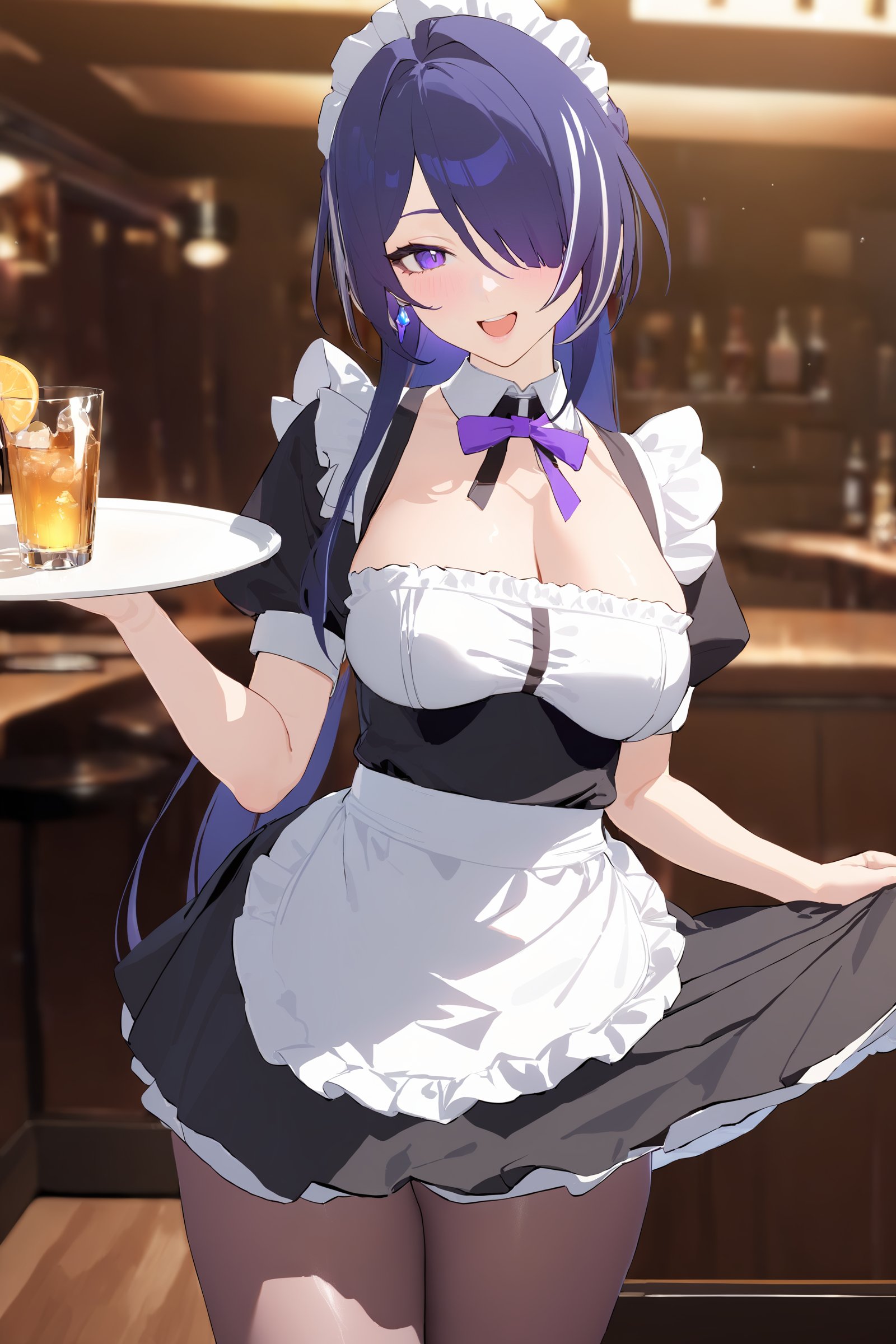 masterpiece, best quality, perfect features, intricate details, ray tracing, newest,(hitenkei, askzy:0.4), 1girl, acheron \(honkai: star rail\), solo, maid, maid headdress, maid apron, smile, pantyhose, open mouth, blush, smile, open mouth, holding plate, looking at viewer, cowboy shot, bar \(place\), indoors, depth of field <lora:Char-HonkaiSR-Acheron-XL-V1:0.9>  <lora:quality1:0:hr=1>