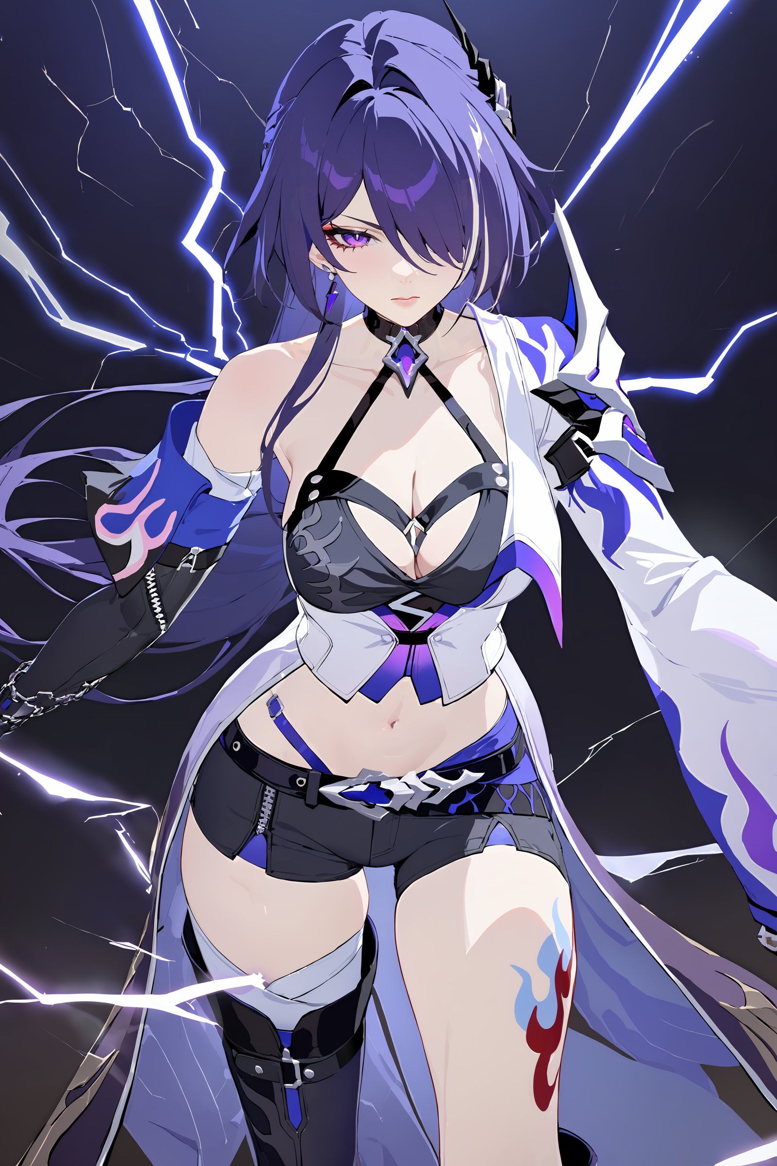 masterpiece, best quality, perfect features, intricate details, ray tracing, newest,(hitenkei, askzy:0.4), 1girl, acheron \(honkai: star rail\), solo, long hair, short shorts, leg tattoo, single thigh boot, midriff, black gloves, hair ornament, choker, long coat, single sleeve, single gauntlet, uneven legwear, cowboy shot, lightning, electricity, combat pose, incoming attack, glaring, looking at viewer <lora:Char-HonkaiSR-Acheron-XL-V1:0.9>  <lora:quality1:0:hr=1>