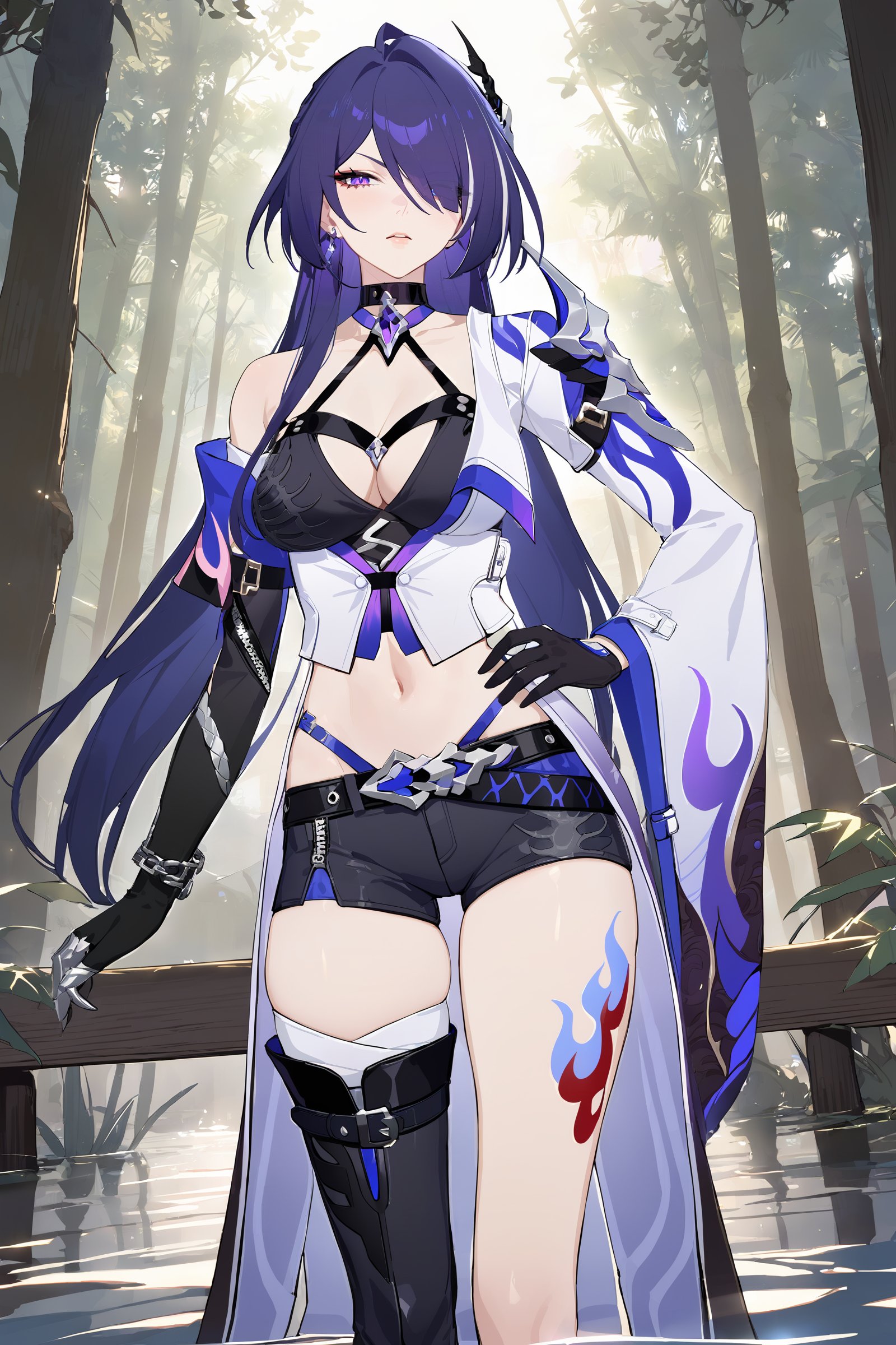 masterpiece, best quality, perfect features, intricate details, ray tracing, newest,(hitenkei, askzy:0.4), 1girl, acheron \(honkai: star rail\), solo, long hair, short shorts, leg tattoo, single thigh boot, standing, midriff, black gloves, hair ornament, choker, long coat, single sleeve, single gauntlet, uneven legwear, wetland, outdoors, depth of field, looking at viewer, glaring,  hand on hip <lora:Char-HonkaiSR-Acheron-XL-V1:0.9>  <lora:quality1:0:hr=1>