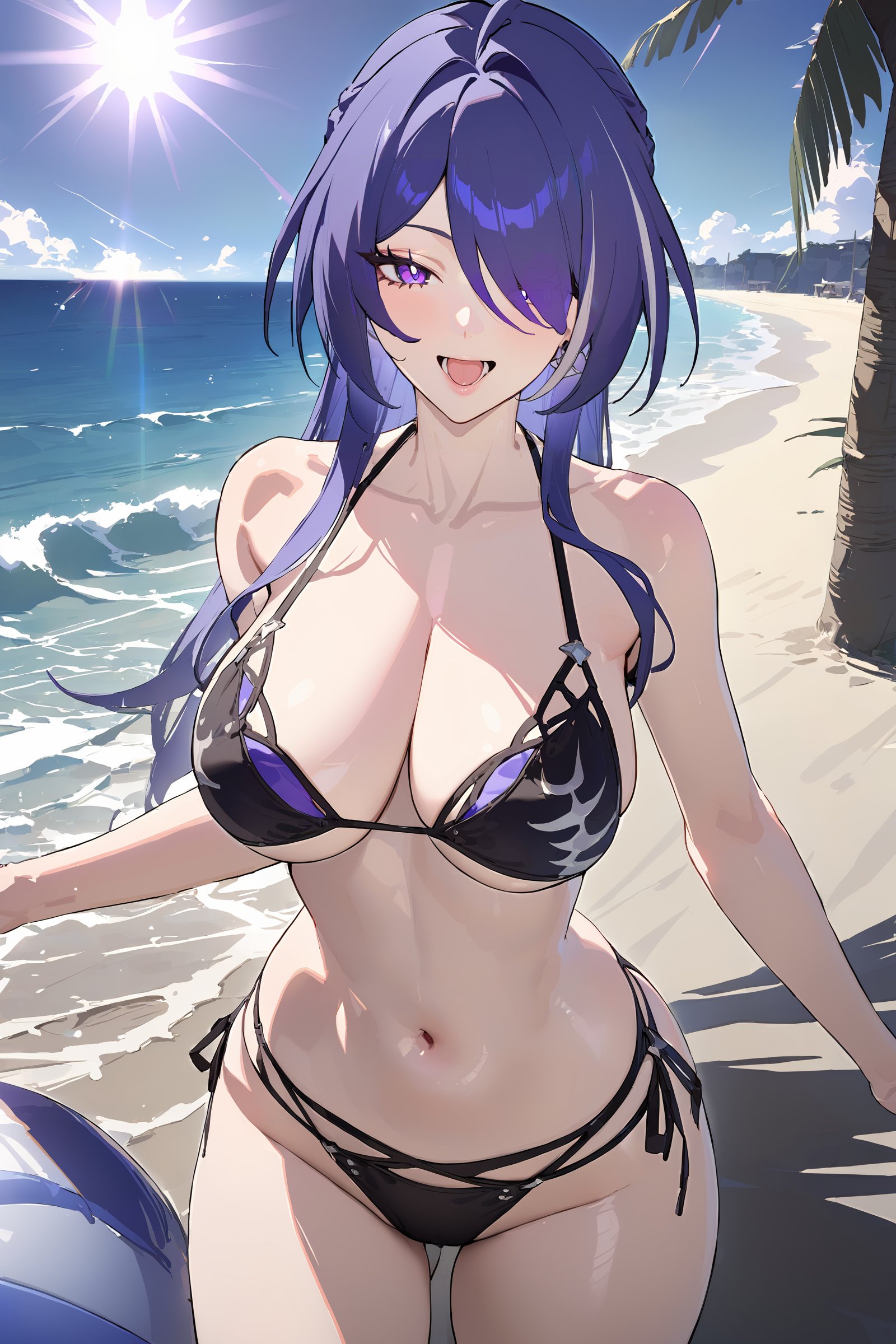 masterpiece, best quality, perfect features, intricate details, ray tracing, newest,(hitenkei, askzy:0.4), 1girl, acheron \(honkai: star rail\), bikini, cowboy shot, looking at viewer, beach, ocean, sunlight, blue sky, depth of field, laughing <lora:Char-HonkaiSR-Acheron-XL-V1:0.9>  <lora:quality1:0:hr=1>