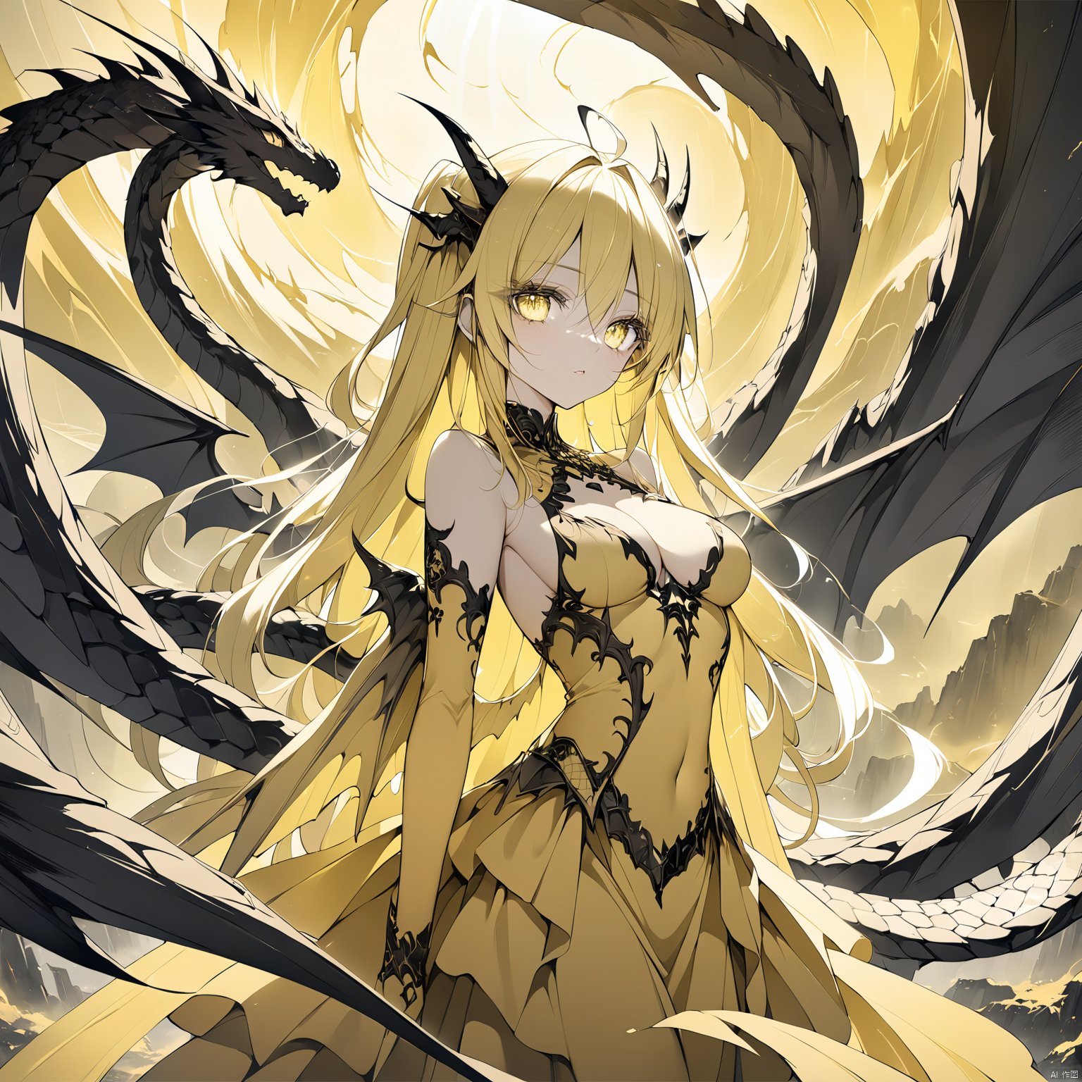  (anime art: 1.21), (dragon: 1.1), (dragon in background: 1.21), 1girl with wings on back, looking at viwer, snake eyes, (yellow theme: 1.5), (monochrome: 1.1), (ethereal beauty: 1.4), (captivating lighting: 1.2), (ethereal aura: 1.3), (mysterious ambiance: 1.2), (thunder in the distance: 1.2), (fantasy art: 1.3), (ethereal scene: 1.3), , masterpiece,best quality,8k,insane details,intricate details,high detail,((masterpiece)), ((best quality)),