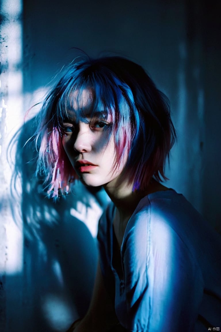  depressed, portrait of 1girl by Bill Henson, depressed, ruins, shadows, dramatic lighting, sunset, contemporary, dark, expressionism, dystopia, industrial,Half bodysliver gradient Short hair,(sliver hair:1.1),(light blue hair:1.1),(pink hair:1.2), hubg_jsnh, sunlight, monkren, portrait of a woman