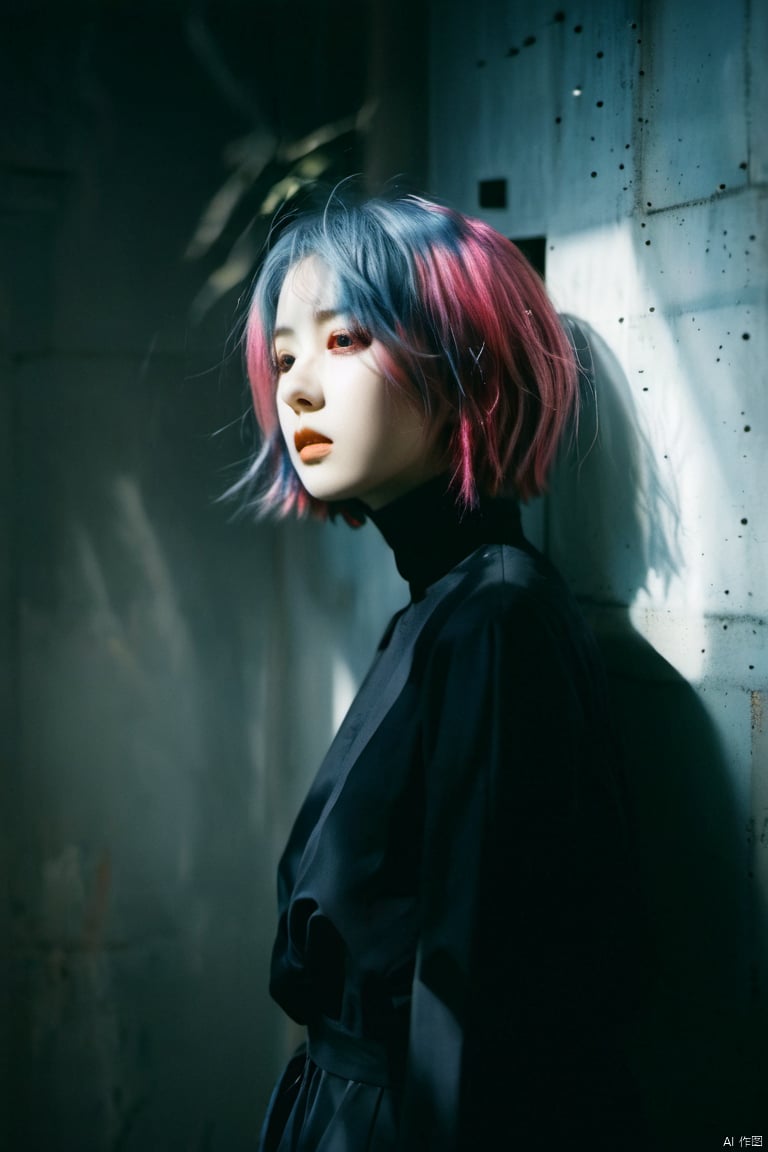  depressed, portrait of 1girl by Bill Henson, depressed, ruins, shadows, dramatic lighting, sunset, contemporary, dark, expressionism, dystopia, industrial,Half bodysliver gradient Short hair,(sliver hair:1.1),(light blue hair:1.1),(pink hair:1.2), hubg_jsnh, sunlight, monkren, portrait of a woman