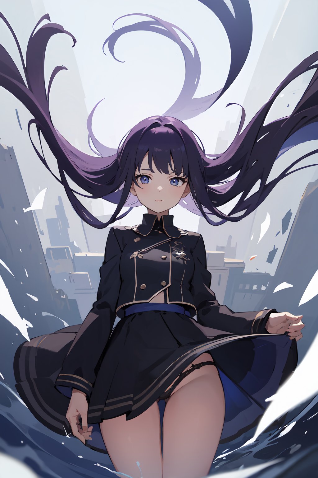 masterpiece,high quality,highres,1girl,solo,cowboy shot,upwind, (blue eyes , purple hair ),long hair,,,,<lora:wind-upwind-v2-wasabiya:1>,floating-bangs,