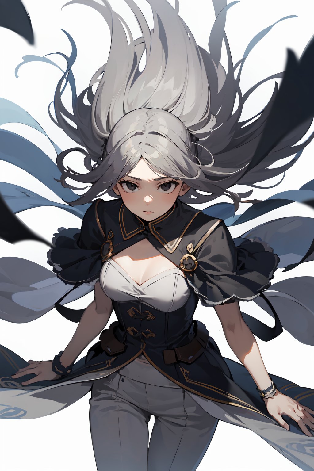 masterpiece,high quality,highres,1girl,solo,cowboy shot,upwind, (black eyes , grey hair ),medium hair ,from above ,white background ,<lora:wind-upwind-v2-wasabiya:1>,floating-bangs,