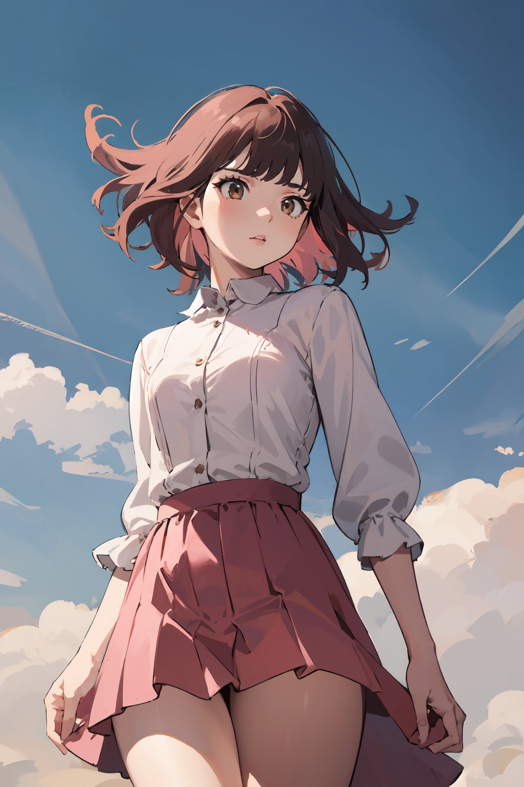 masterpiece,high quality,highres,1girl,solo,cowboy shot,upwind, (brown eyes , pink hair ),medium hair ,from below ,,<lora:wind-upwind-v2-wasabiya:1>,,