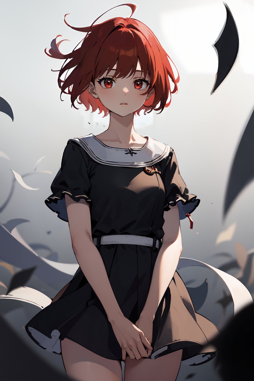 masterpiece,high quality,highres,1girl,solo,cowboy shot,upwind, (red eyes , red hair ),short hair ,,,dark background,blurry background ,<lora:wind-upwind-v2-wasabiya:1>,,