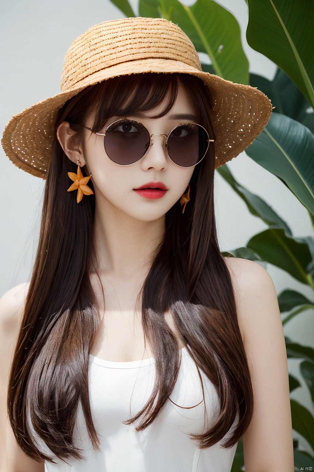 （absurdres, highres, ultra detailed, 1girl, solo, extremely detailed eyes, starfish, seashell, shell, flower, hat, hair ornament, jewelry, straw hat, looking at viewer, sunglasses, hat flower, drinking straw, hairclip, earrings, red flower, tinted eyewear, yellow flower, bangs, english text, multicolored hair, orange flower, black hair, ring, cup, long hair, orange-tinted eyewear, food, brown hair, portrait, shell hair ornament）,full body., ((poakl)), poakl ggll girl, Light master, Wuqiii