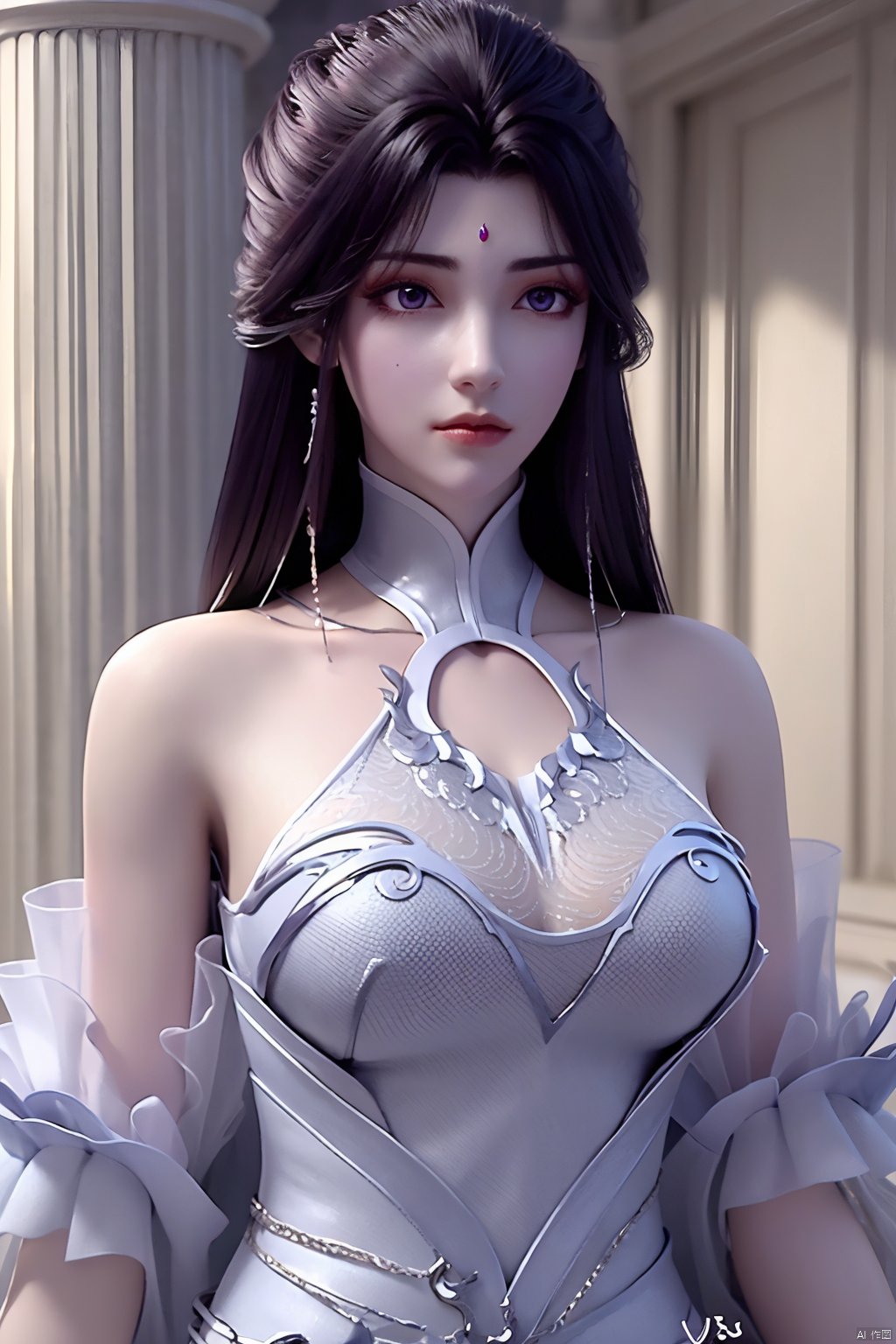 1girl, solo, long hair, brown hair, black hair, dress, bare shoulders, purple eyes, upper body, white dress, facial mark, expressionless, veil, forehead mark, yuechan<lora:EMS-321311-EMS:0.800000>