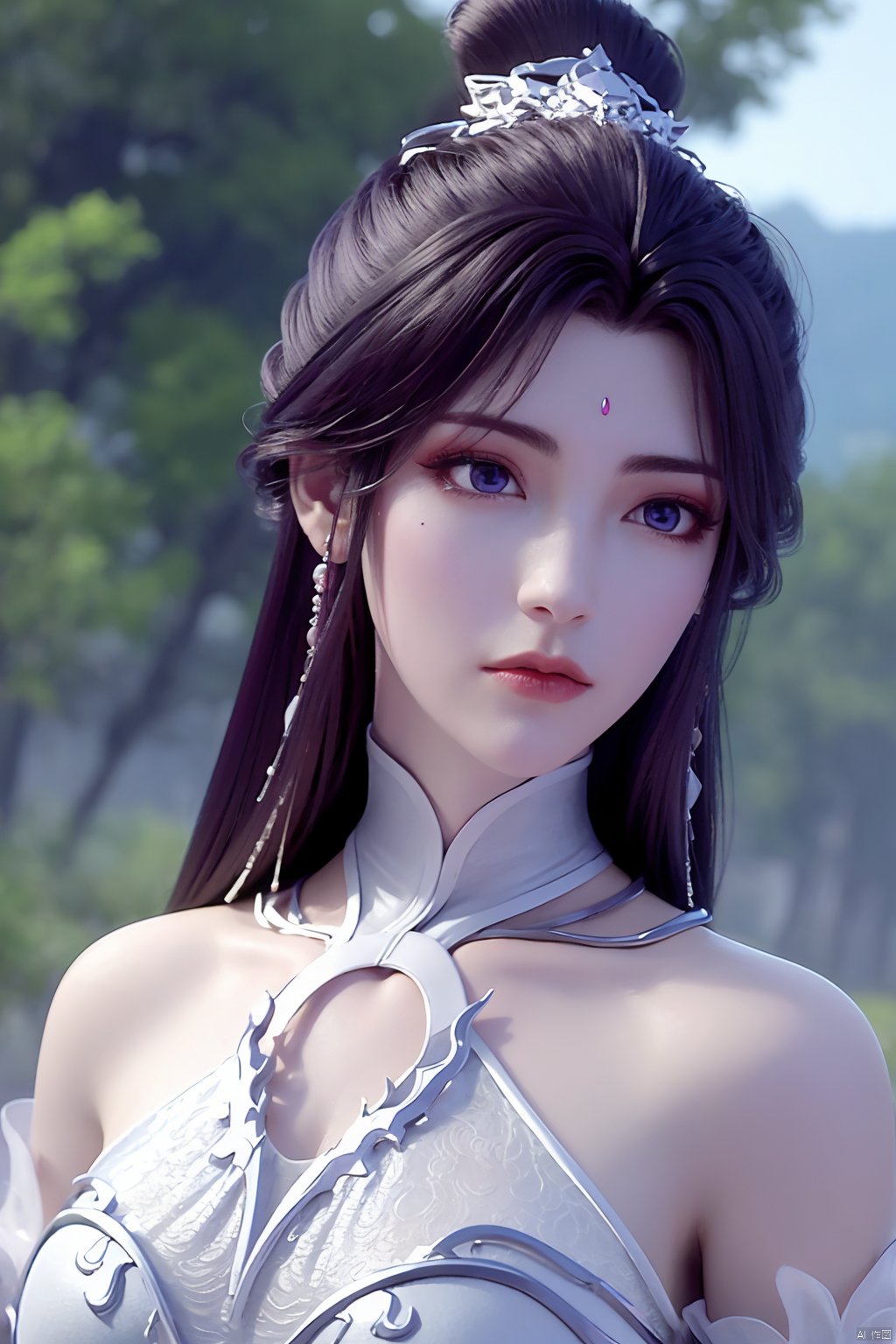 1girl, solo, long hair, blue eyes, brown hair, black hair, hair ornament, dress, bare shoulders, jewelry, closed mouth, upper body, earrings, detached sleeves, hair bun, white dress, facial mark, forehead mark, yuechan<lora:EMS-321311-EMS:0.800000>