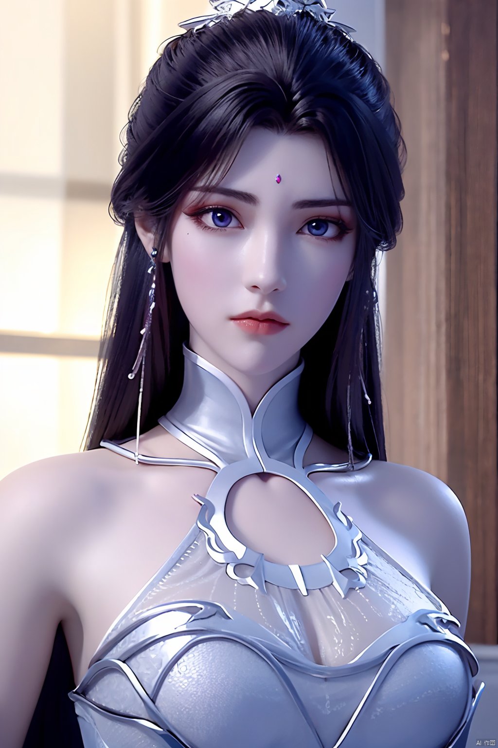 1girl, solo, long hair, looking at viewer, blue eyes, black hair, hair ornament, dress, bare shoulders, jewelry, closed mouth, upper body, earrings, white dress, facial mark, expressionless, forehead mark, yuechan<lora:EMS-321311-EMS:0.800000>