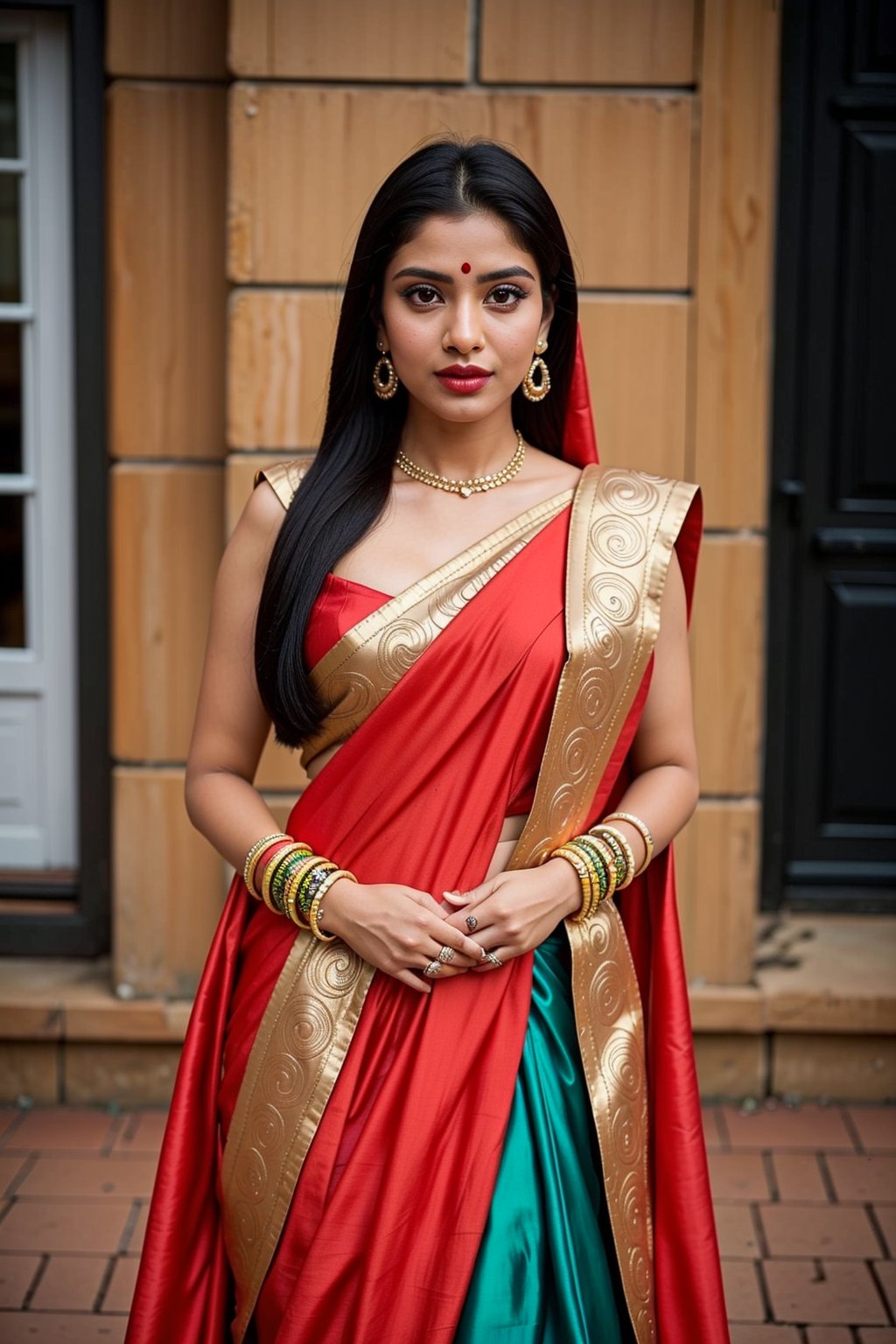 masterpiece, highest quality, 8k uhd,, RAW photo, 100nm, F/1.8, hyper maximalist, Film Still, Cinematic, Cinematic Shot,
a 21 years old, Indian girl, fashion portrait, in front of camera, supermodel, (elegant model), a Horney look, posing like bride, outdoor, wearing blue saree, jewelry, makeup with lipstick, model posing, big eyes, beautiful shiny curly hair on solder, black hair, realistic skin, pale skin, ((perfect_breast)), cylindrical body shape, (((perfect_eye, perfect_fingers))), Indian hood, hood, cute girl, front facing, low angle camera,  no bra, gorgeous look, make-up and have lipstick, sexy pose, beautiful lace, smokey_eyes_makeup, super_red_lips, INDIA,Masterpiece,photorealistic,India,Bengali,Bride,Model,Bridal,more detail XL,Atpoure,Saree,sari,Young beauty spirit 