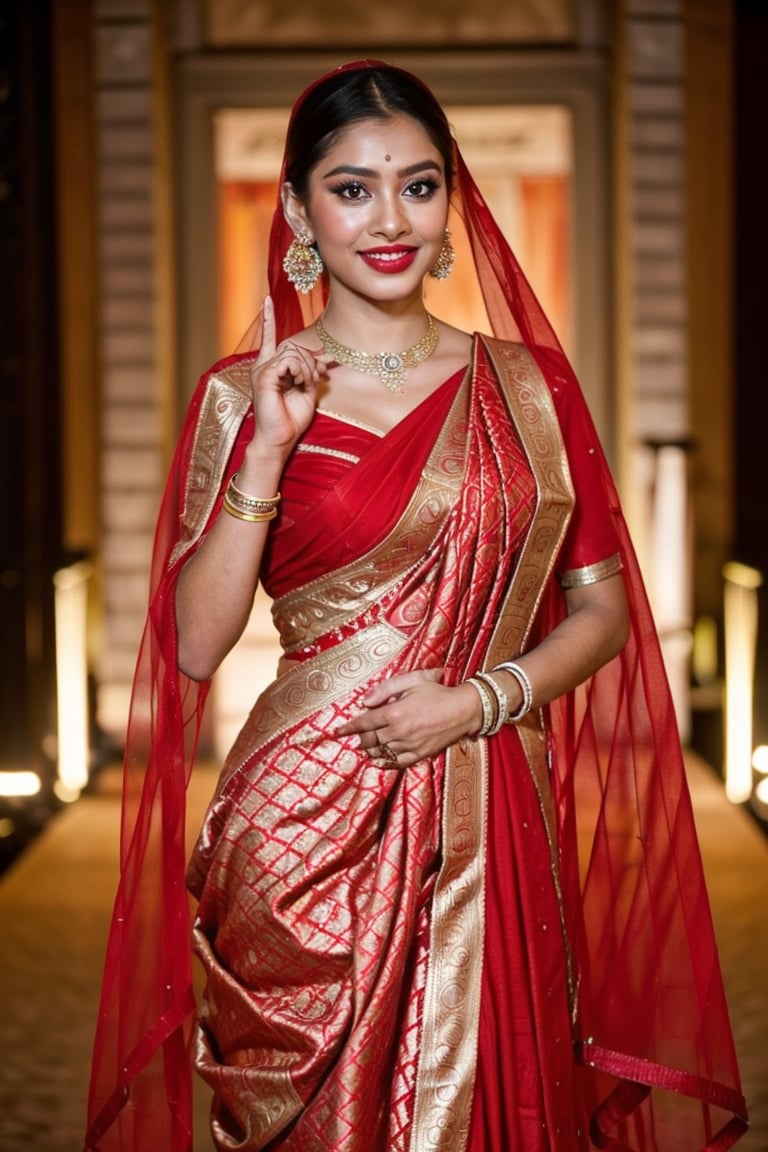 masterpiece, highest quality, 8k uhd,, RAW photo, 100nm, F/1.8, hyper maximalist, Film Still, Cinematic, Cinematic Shot, smiling face,
a 21 years old, Indian girl, fashion portrait, in front of camera, supermodel, (elegant model), a Horney look, posing like bride, outdoor, wearing blue saree, jewelry, makeup with lipstick, model posing, big eyes, beautiful shiny curly hair on solder, black hair, realistic skin, pale skin, ((perfect_breast)), cylindrical body shape, (((perfect_eye, perfect_fingers))), Indian hood, hood, cute girl, front facing, low angle camera,  no bra, gorgeous look, make-up and have lipstick, sexy pose, beautiful lace, smokey_eyes_makeup, super_red_lips, INDIA,Masterpiece,photorealistic,India,Bengali,Bride,Model,Bridal,more detail XL,Atpoure,Saree,sari,Young beauty spirit 